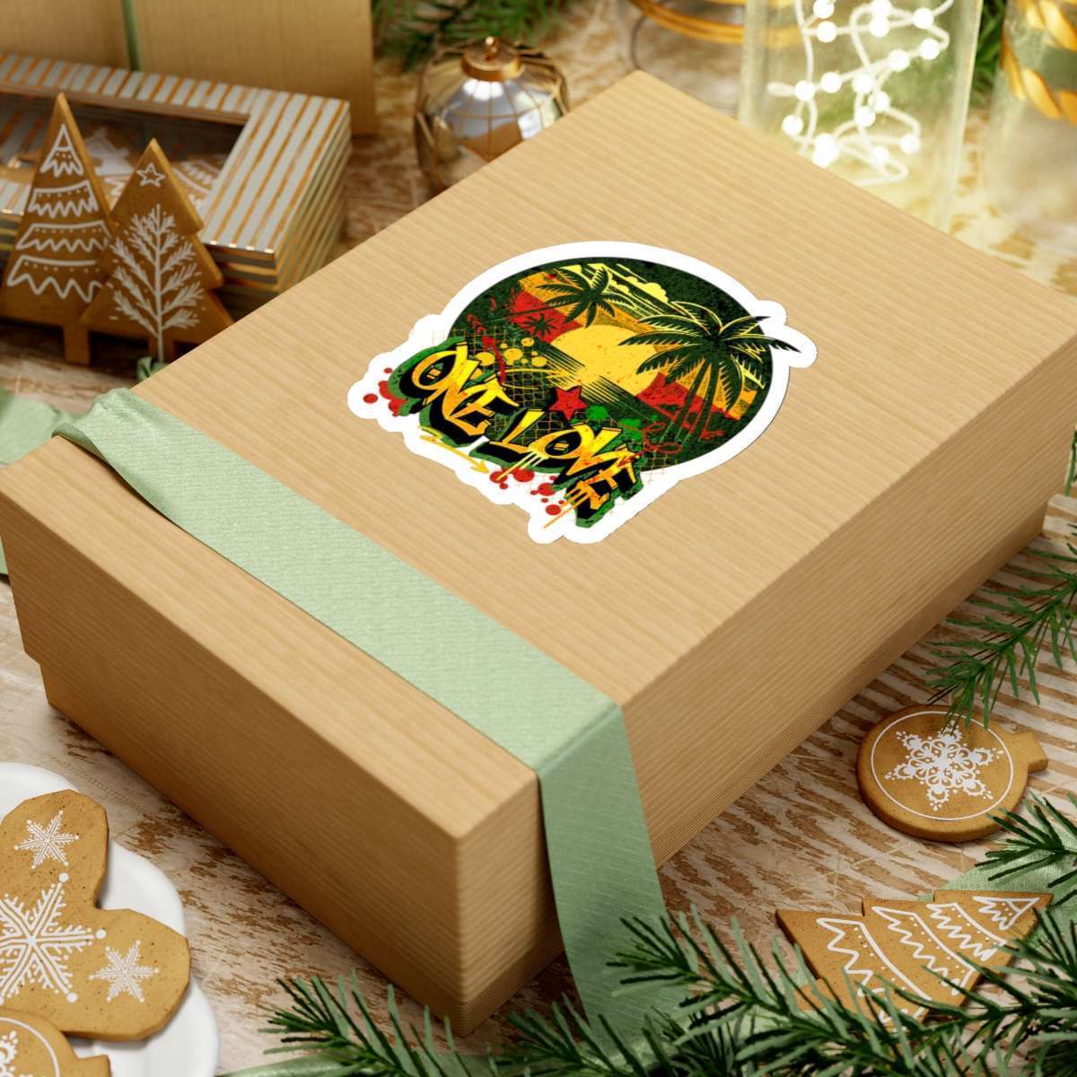 Rasta one love stickers transparent background 5in x 5in on box different sizes kiss cut white background. Reggae Rastafarian colors and Jamaican tropical design and graffiti.