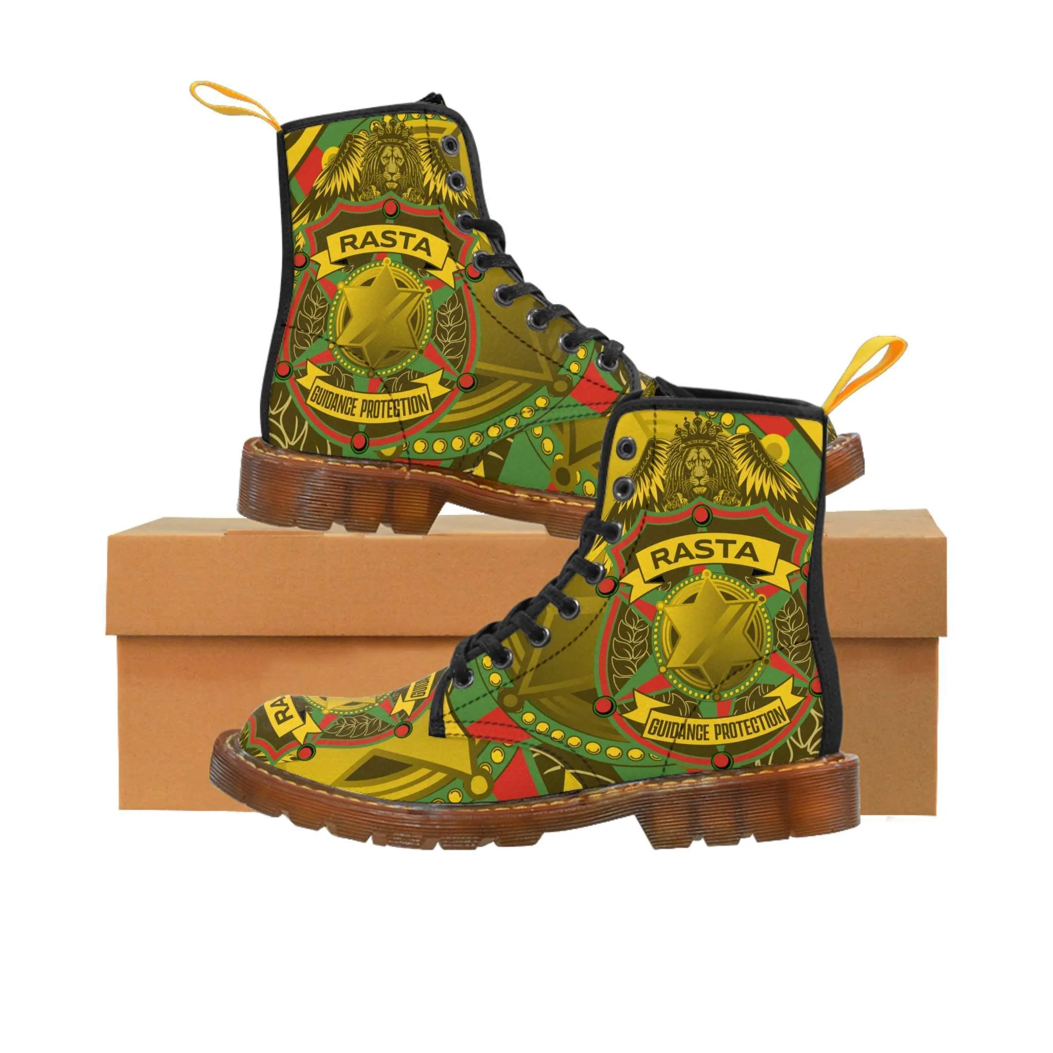 Soldiers of Jah Army Boots brown sole right outisde pair view. Guidance Protection Rasta Design with either a brown or balck sole. Rastaseed merchandise and clothing.