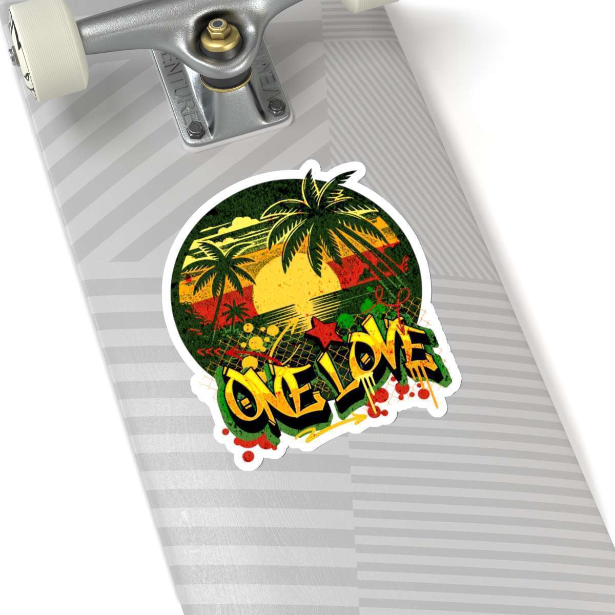 Rasta one love stickers transparent background 6in x 6in on clip board different sizes kiss cut white background. Reggae Rastafarian colors and Jamaican tropical design and graffiti.