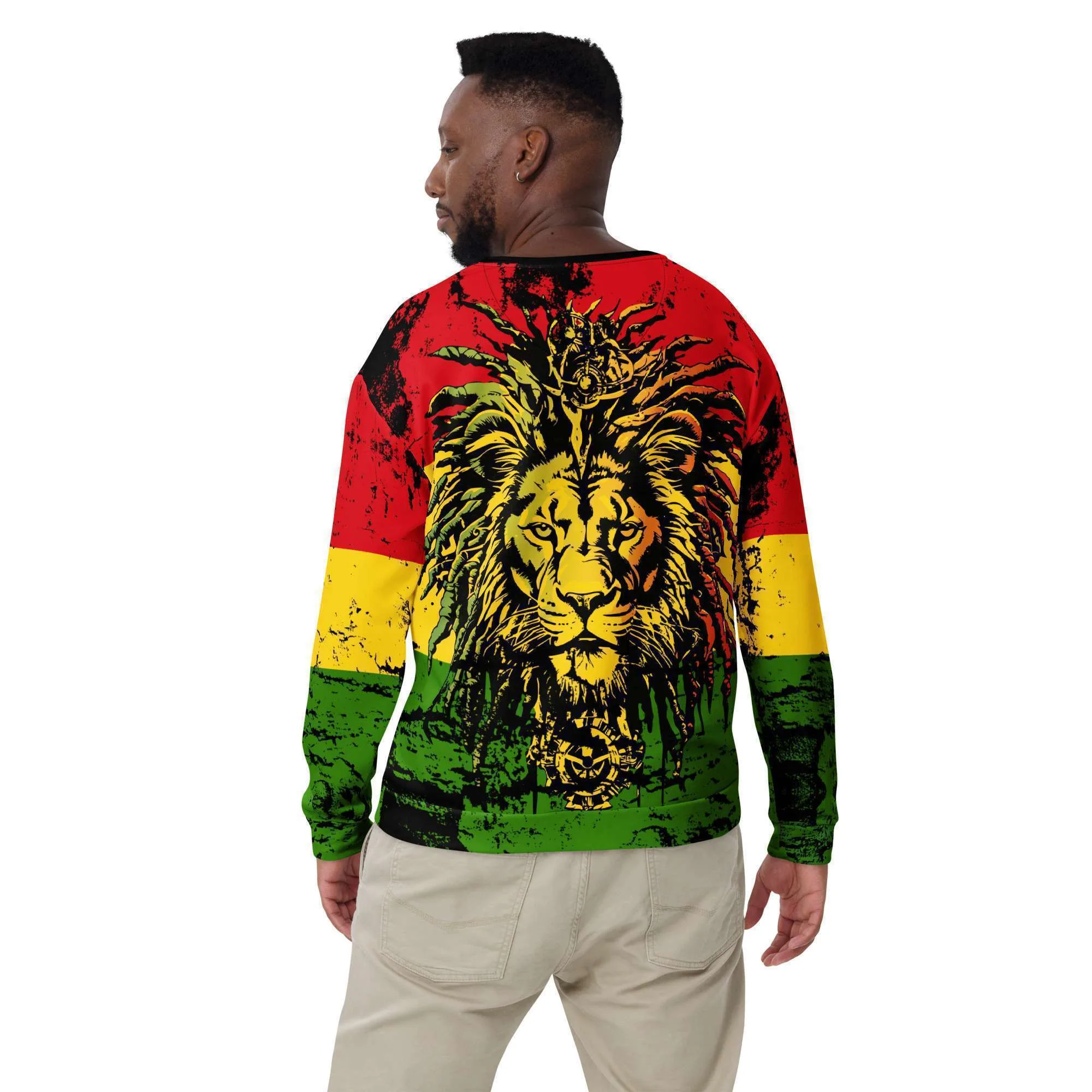Lion sweatshirt in the Reggae Rastafarian colors model back view. Prominent Lion of Judah Design on the front and back. Rasta store with original Reggae designs.