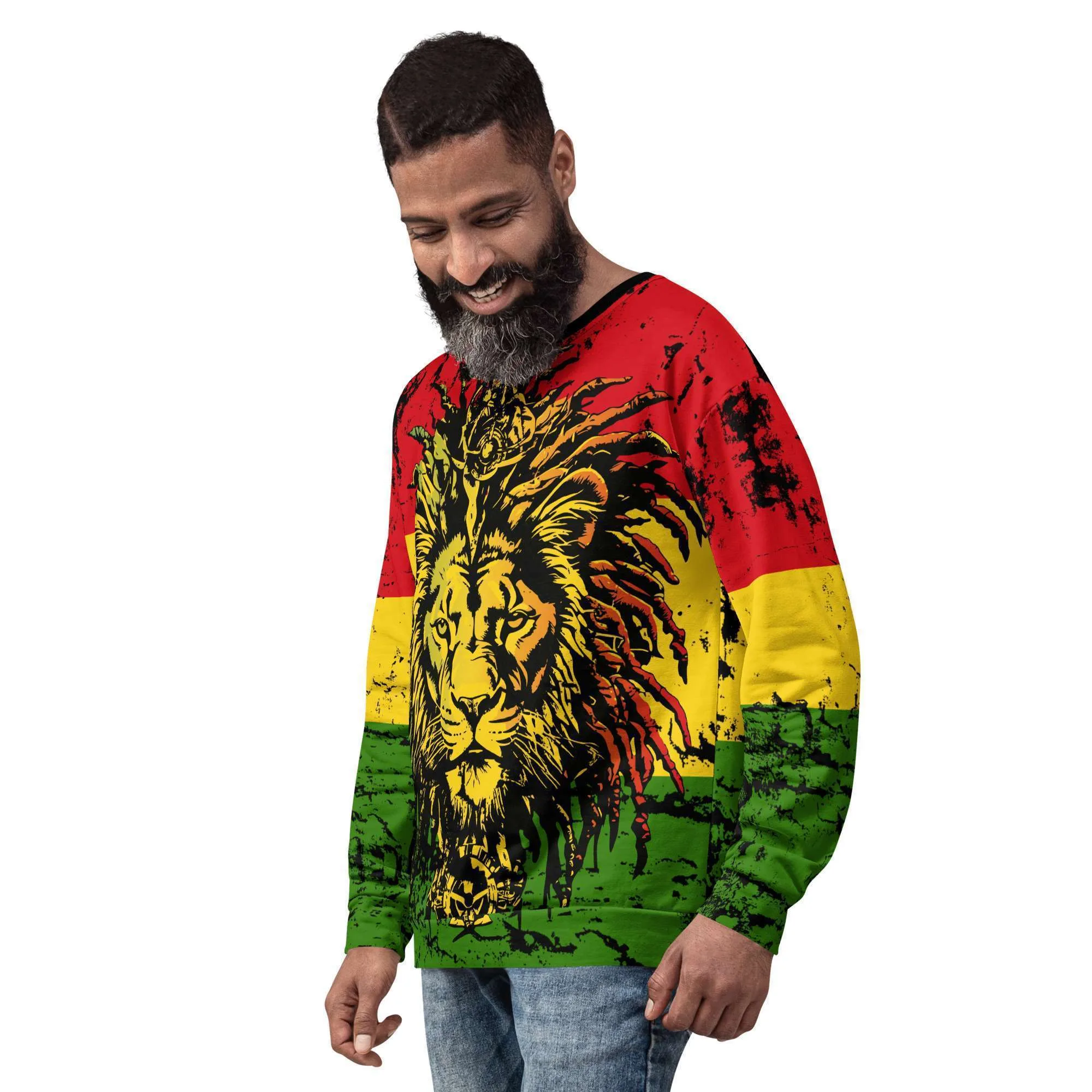 Lion sweatshirt in the Reggae Rastafarian colors sde model view. Prominent Lion of Judah Design on the front and back. Rasta store with original Reggae designs.
