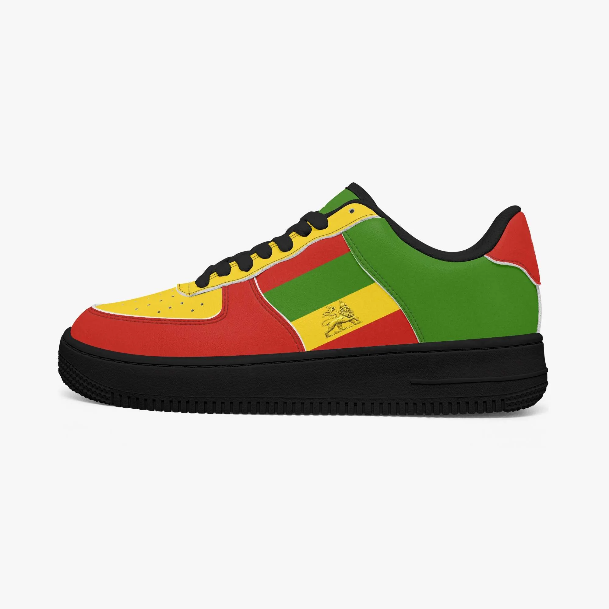 Rastafarian shoes in red gold and green. Sneakers with thick black sole outside view black trim. Durable and colorful. Rastaseed Brand of merchandise and clothing.