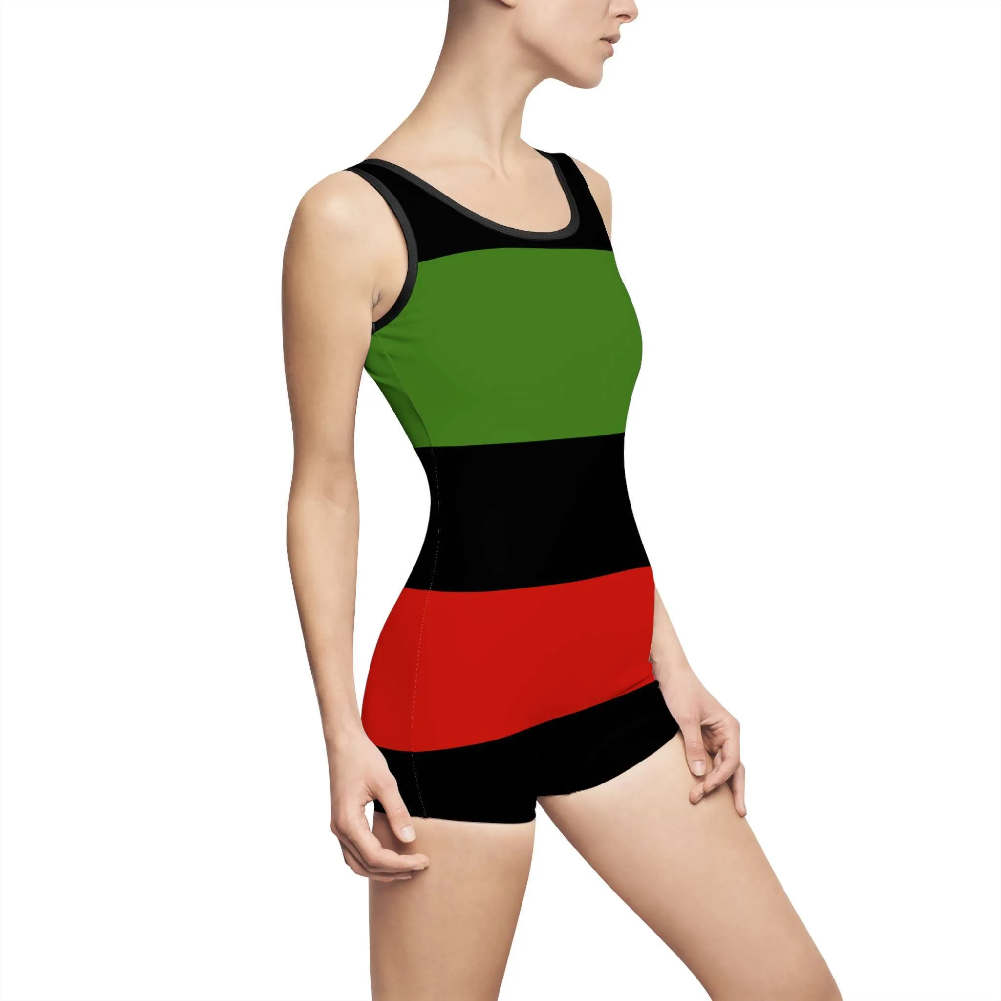 Black owned swimsuit vintage style right side view. Pan African American colors. One piece shorty style in small to extra large sizes. Rastaseed original merchandise.