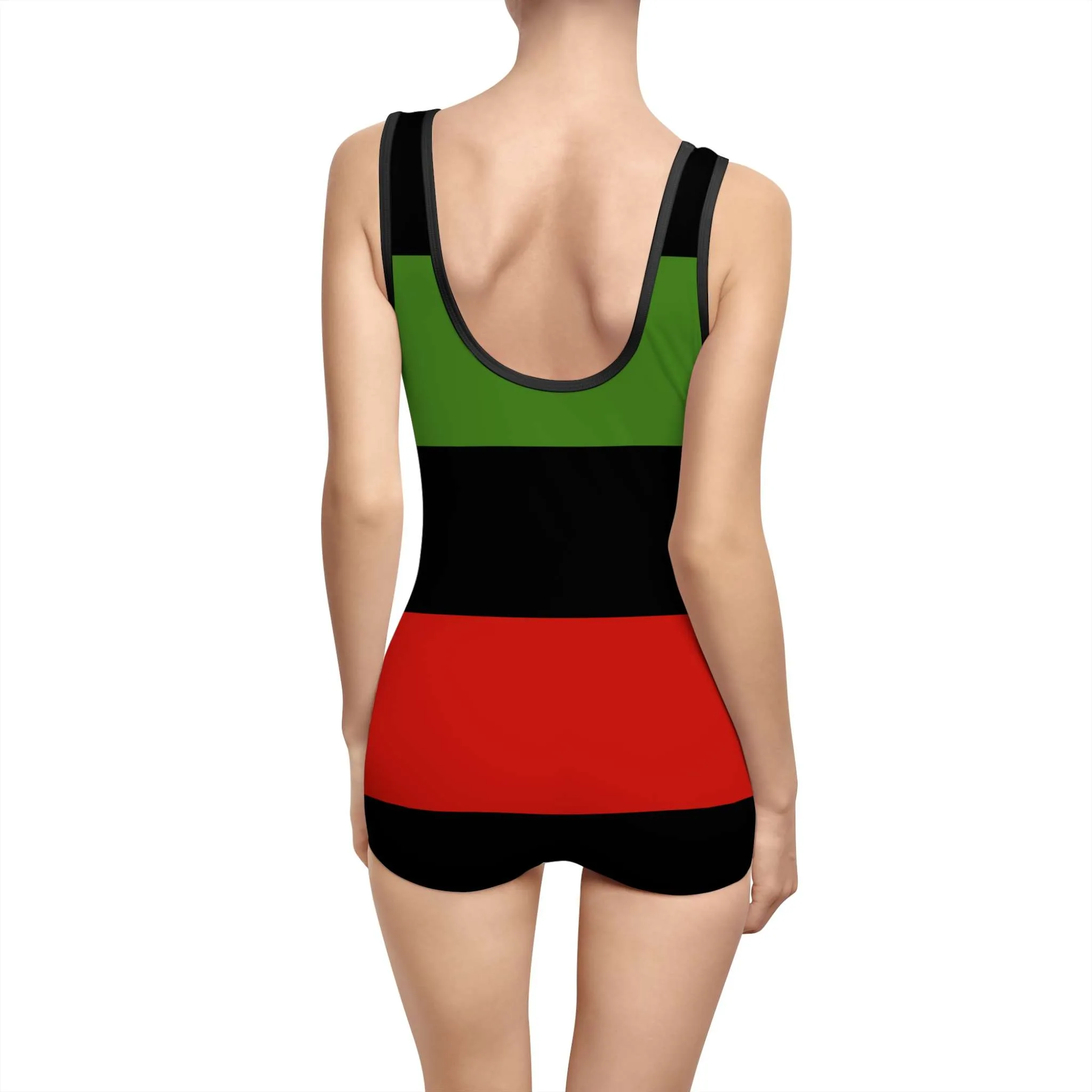 Black owned swimsuit vintage style back view. Pan African American colors. One piece shorty style in small to extra large sizes. Rastaseed original merchandise.