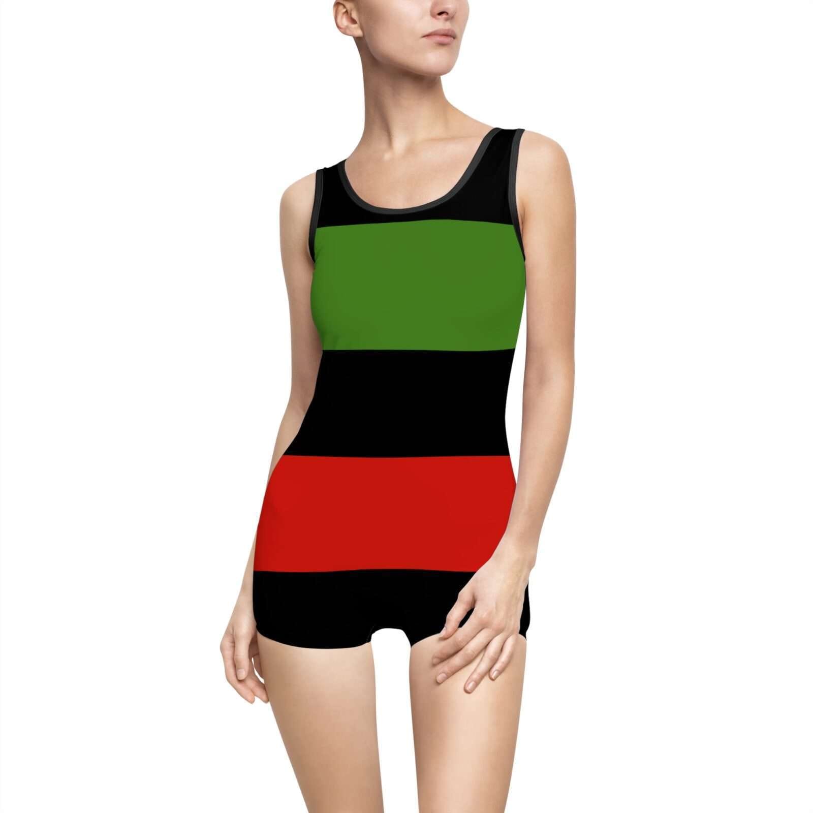 Black owned swimsuit vintage style front view. Pan African American colors. One piece shorty style in small to extra large sizes. Rastaseed original merchandise.
