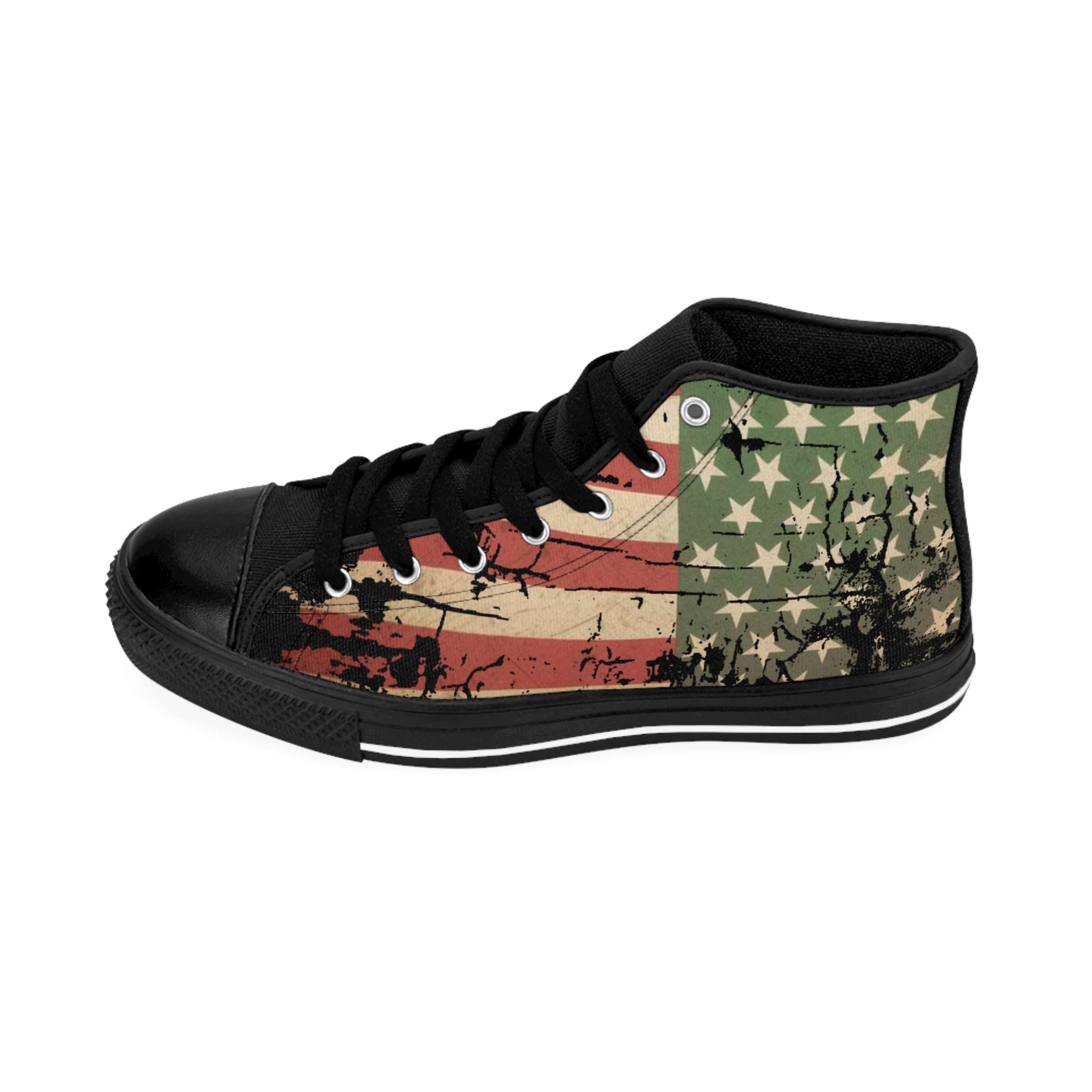 Jamaican African American Sneakers in a distressed design left outside view. Rastaseed Jamaican, Pan African, African American and Rastafarian reggae merchandise.