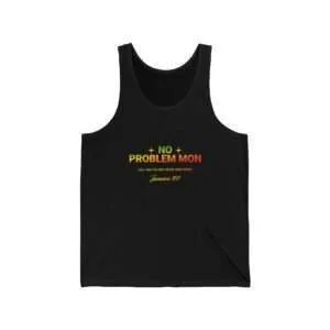 Jamaican Tank Tops front view printed on both sides. No problem mon see and blind hear and deaf Jamaica 101. Bob Marly one love on the back. Black or white colors.
