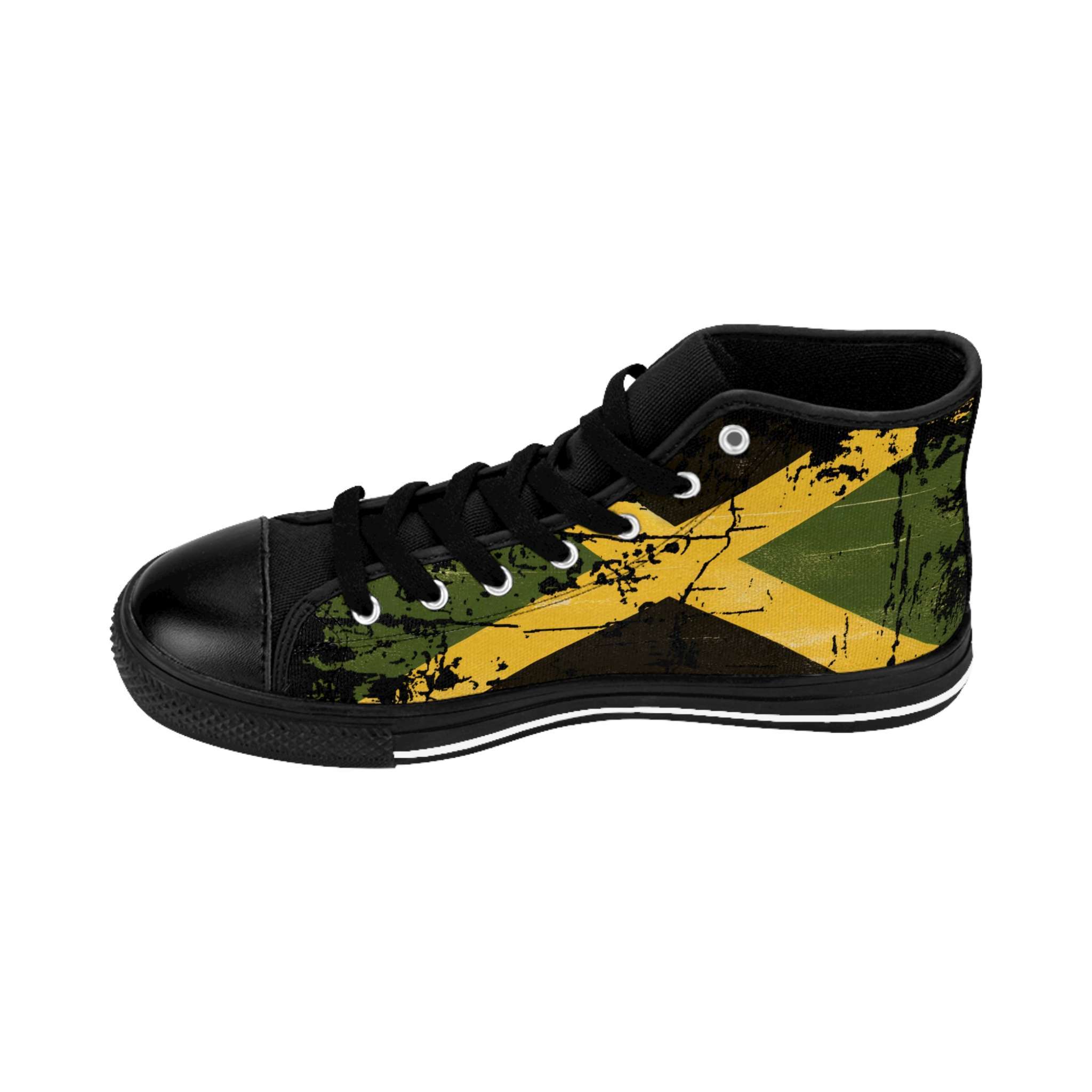 Jamaican African American Sneakers in a distressed design right inside view. Rastaseed Jamaican, Pan African, African American and Rastafarian reggae merchandise.