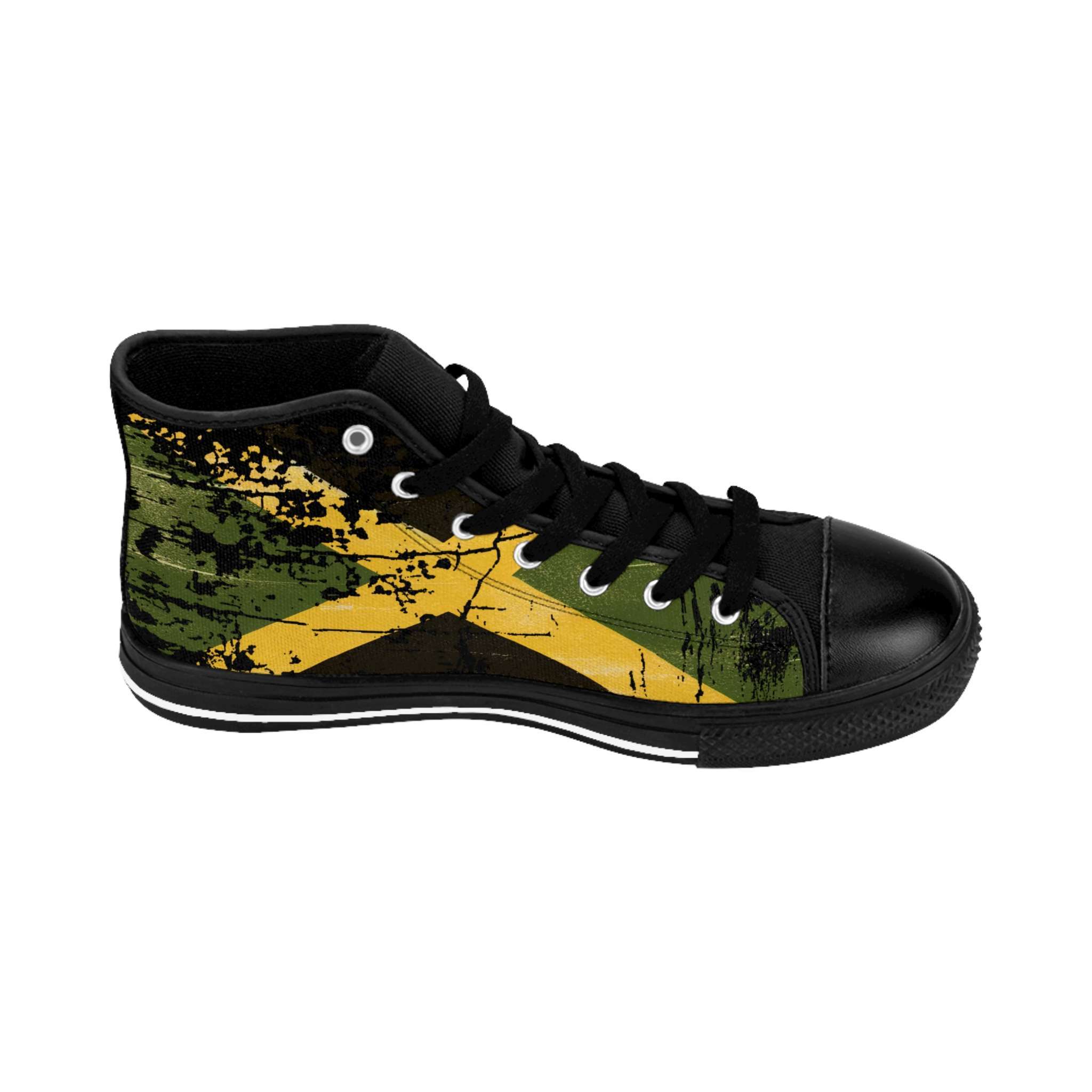 Jamaican African American Sneakers in a distressed design left inside view. Rastaseed Jamaican, Pan African, African American and Rastafarian reggae merchandise.