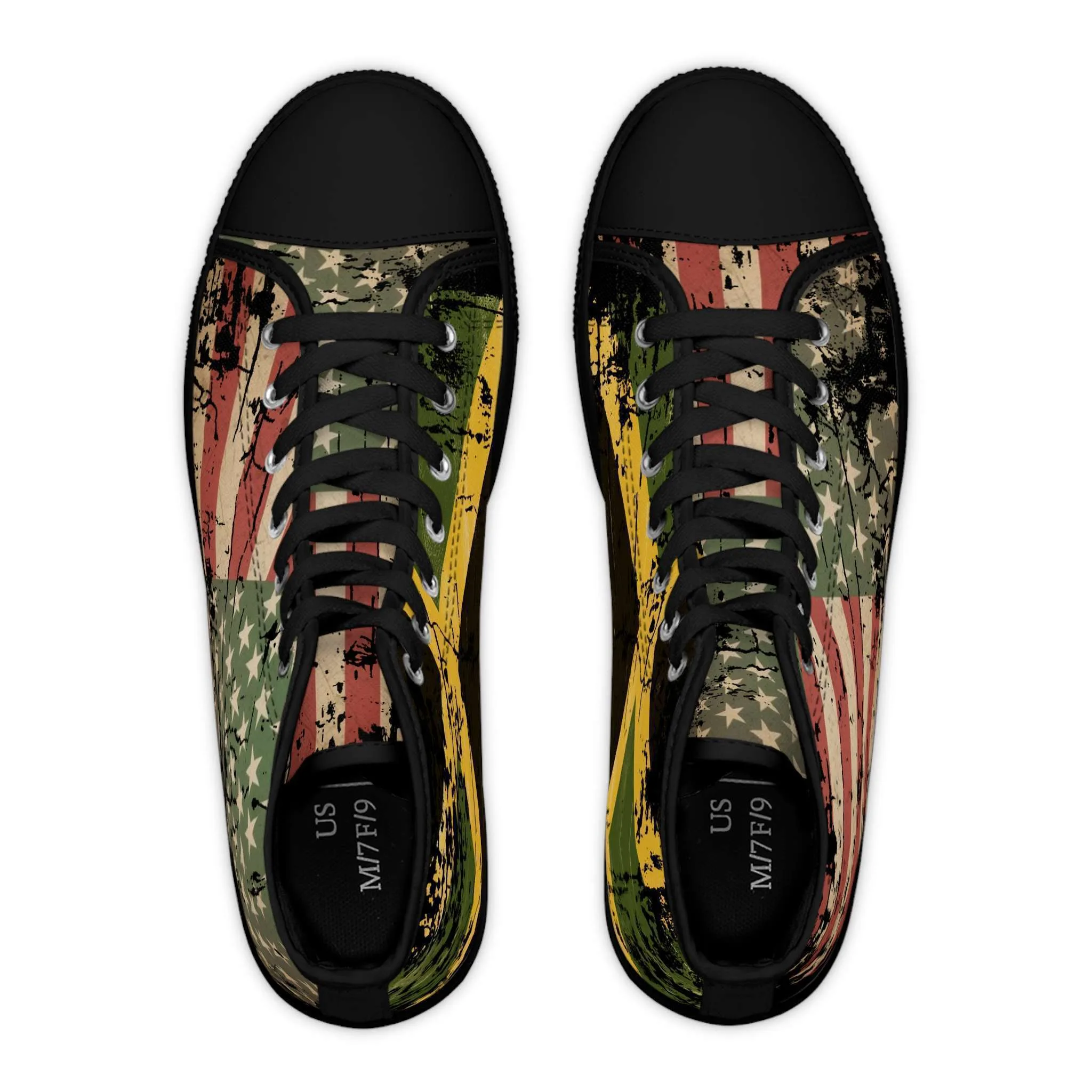 Jamaican African American Womens Sneakers in distressed design black top view from Rastaseed. Jamaican, African American Rasta Reggae merchandise.