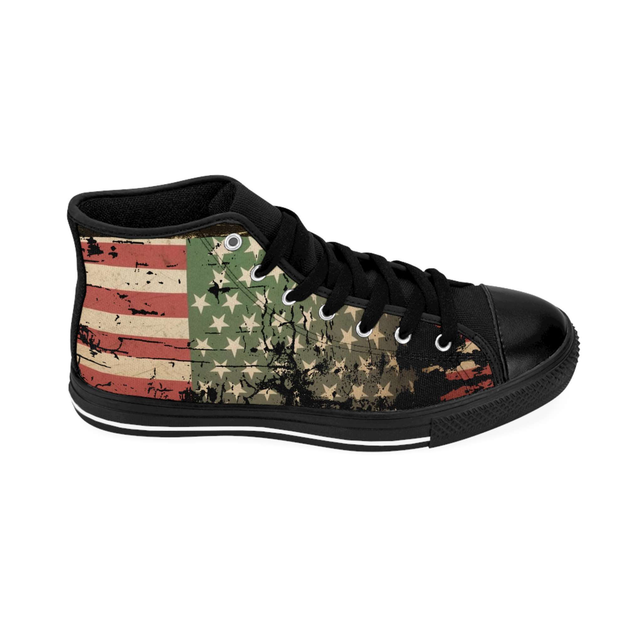 Jamaican African American Sneakers in a distressed design right outside view. Rastaseed Jamaican, Pan African, African American and Rastafarian reggae merchandise.