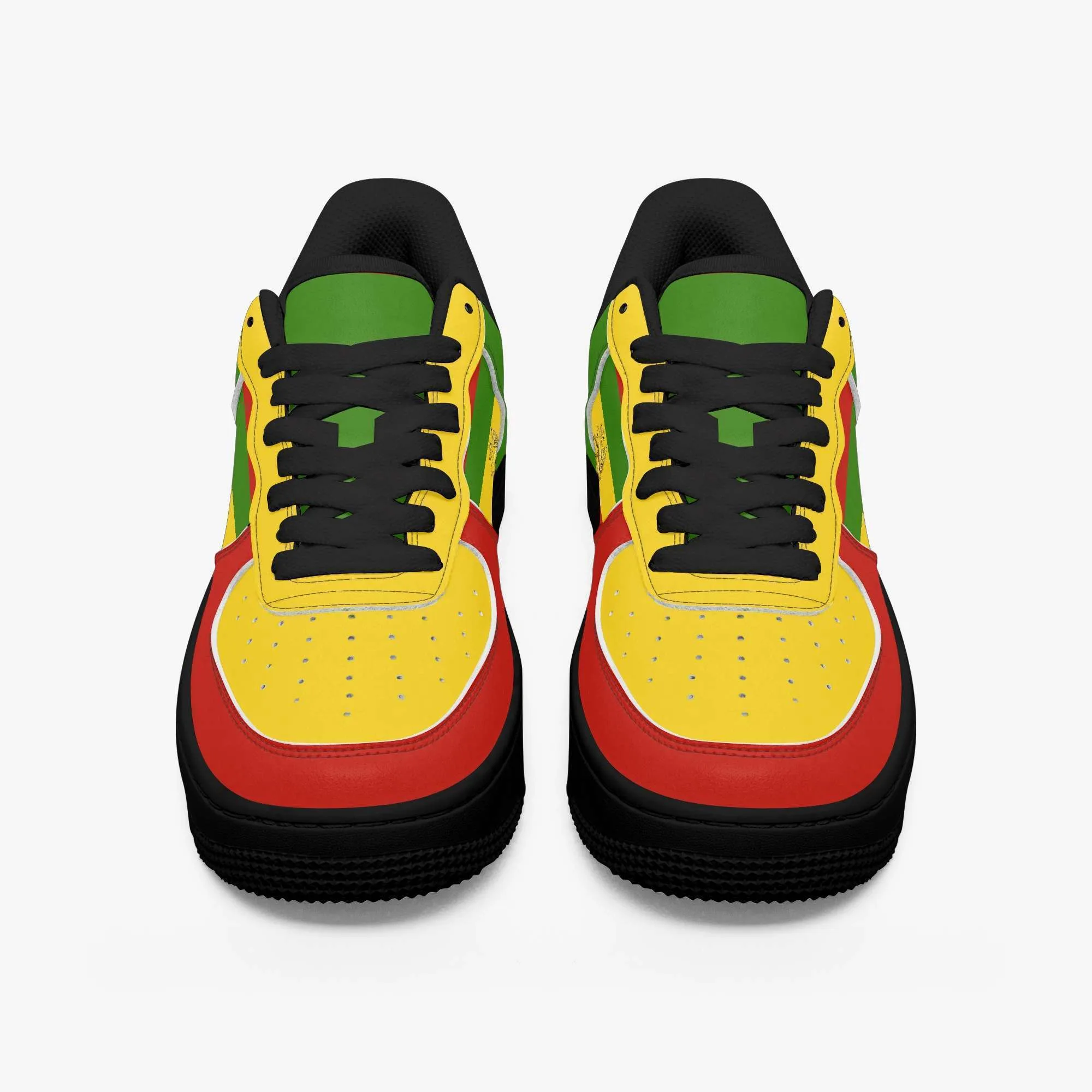 Rastafarian shoes in red gold and green. Sneakers with thick black sole pair front view black trim. Durable and colorful. Rastaseed Brand of merchandise and clothing.
