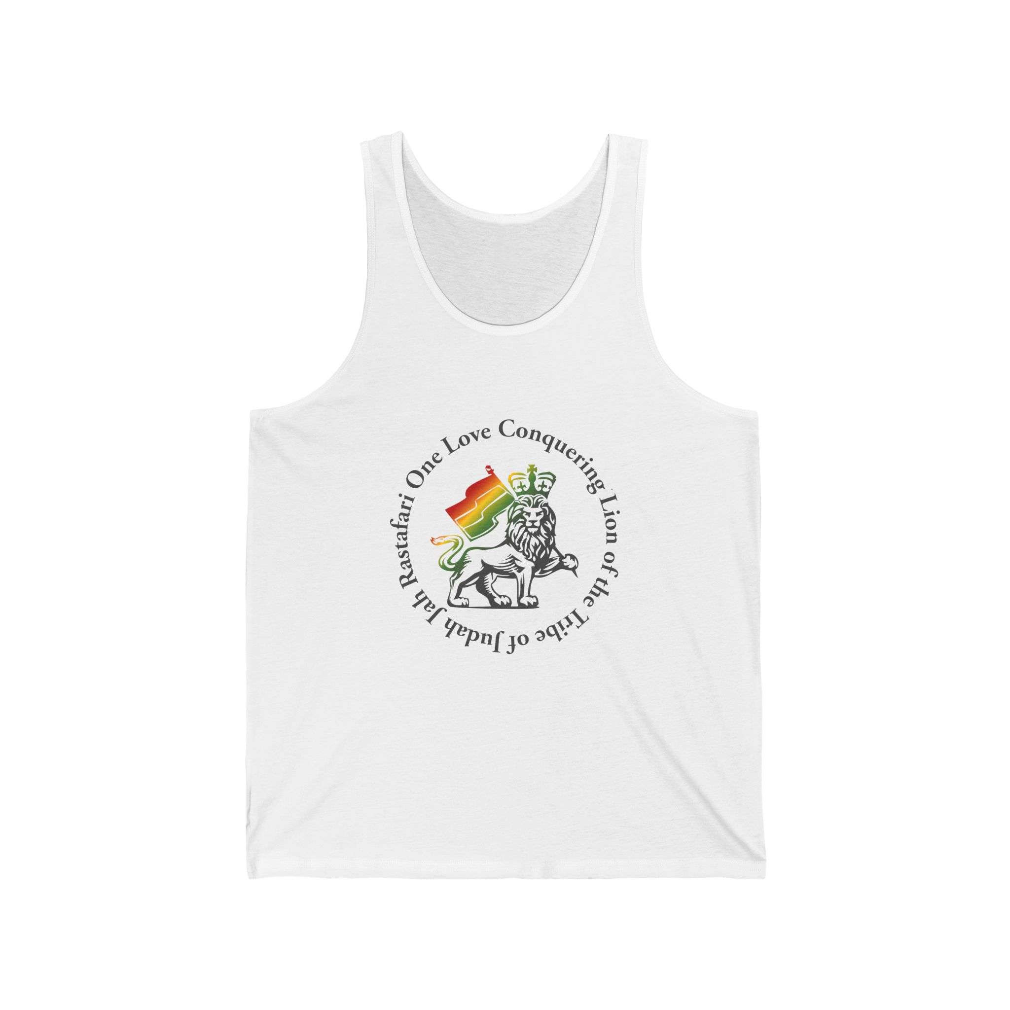 Reggae Tank Top white front with conquering Lion of Judah Design in the Rasta Colors. Available in Black or White Design in many sizes.