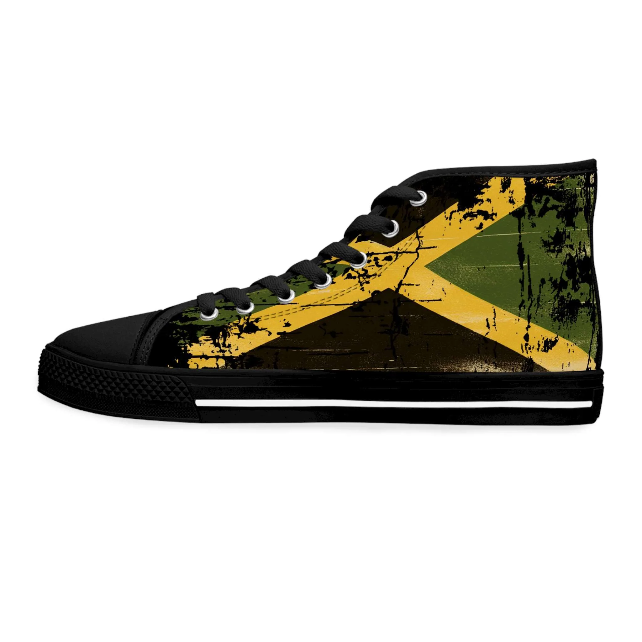 Jamaican African American Womens Sneakers in distressed design black right inside view from Rastaseed. Jamaican, African American Rasta Reggae merchandise.