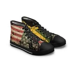 Jamaican African American Womens Sneakers in distressed design black front view from Rastaseed. Jamaican, African American Rasta Reggae merchandise.