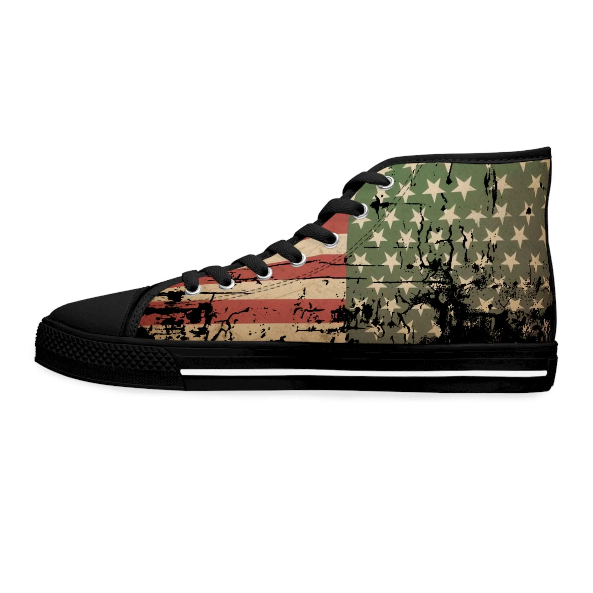 Jamaican African American Womens Sneakers in distressed design black laft outside view from Rastaseed. Jamaican, African American Rasta Reggae merchandise.
