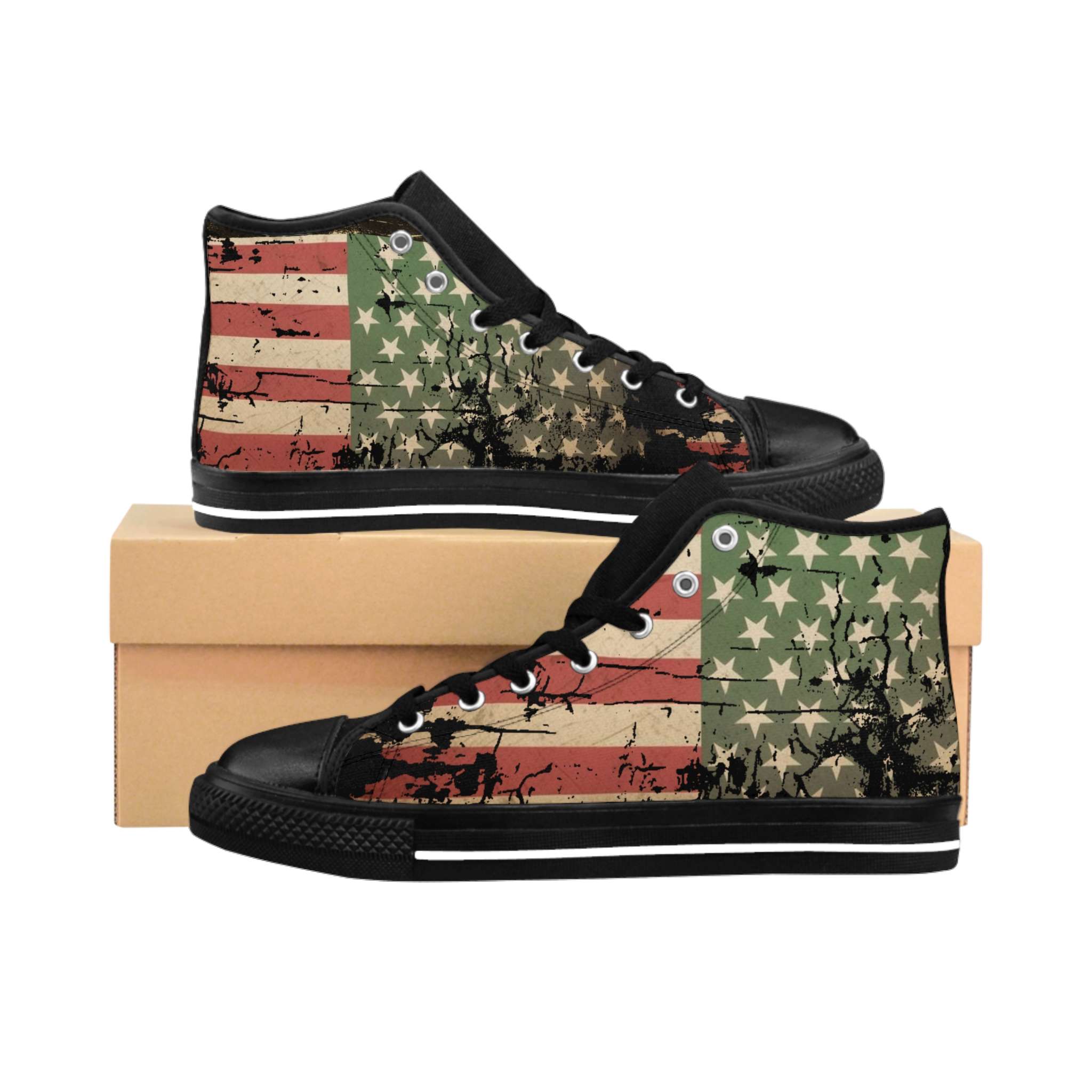 Jamaican African American Sneakers in a distressed design side view pair. Rastaseed Jamaican, Pan African, African American and Rastafarian reggae merchandise.
