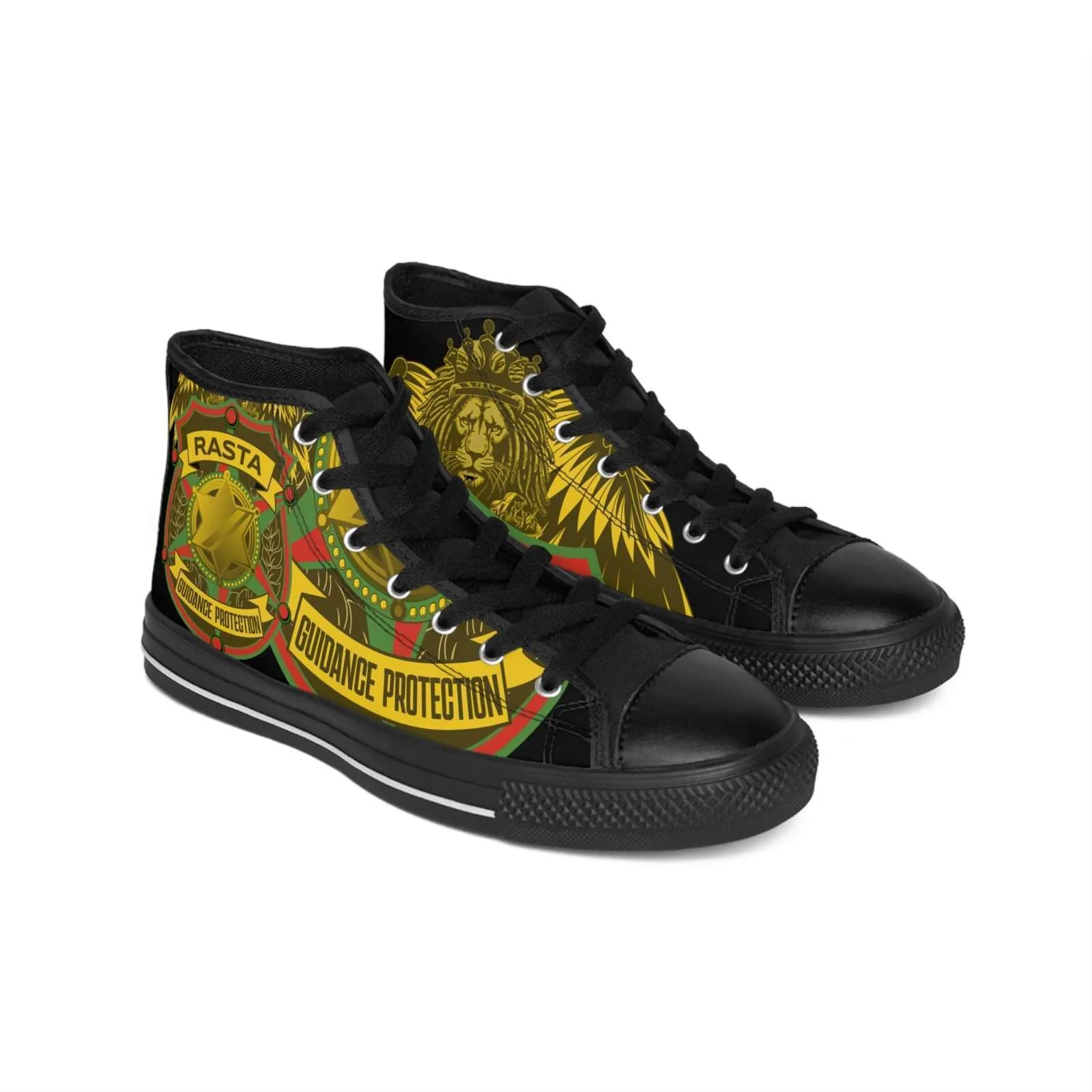 Soldiers of Jah Army Sneakers front side view. Guidance Protection Design at Rastaseed original Jamaican Rasta and Reggae Merchandise and cloting.