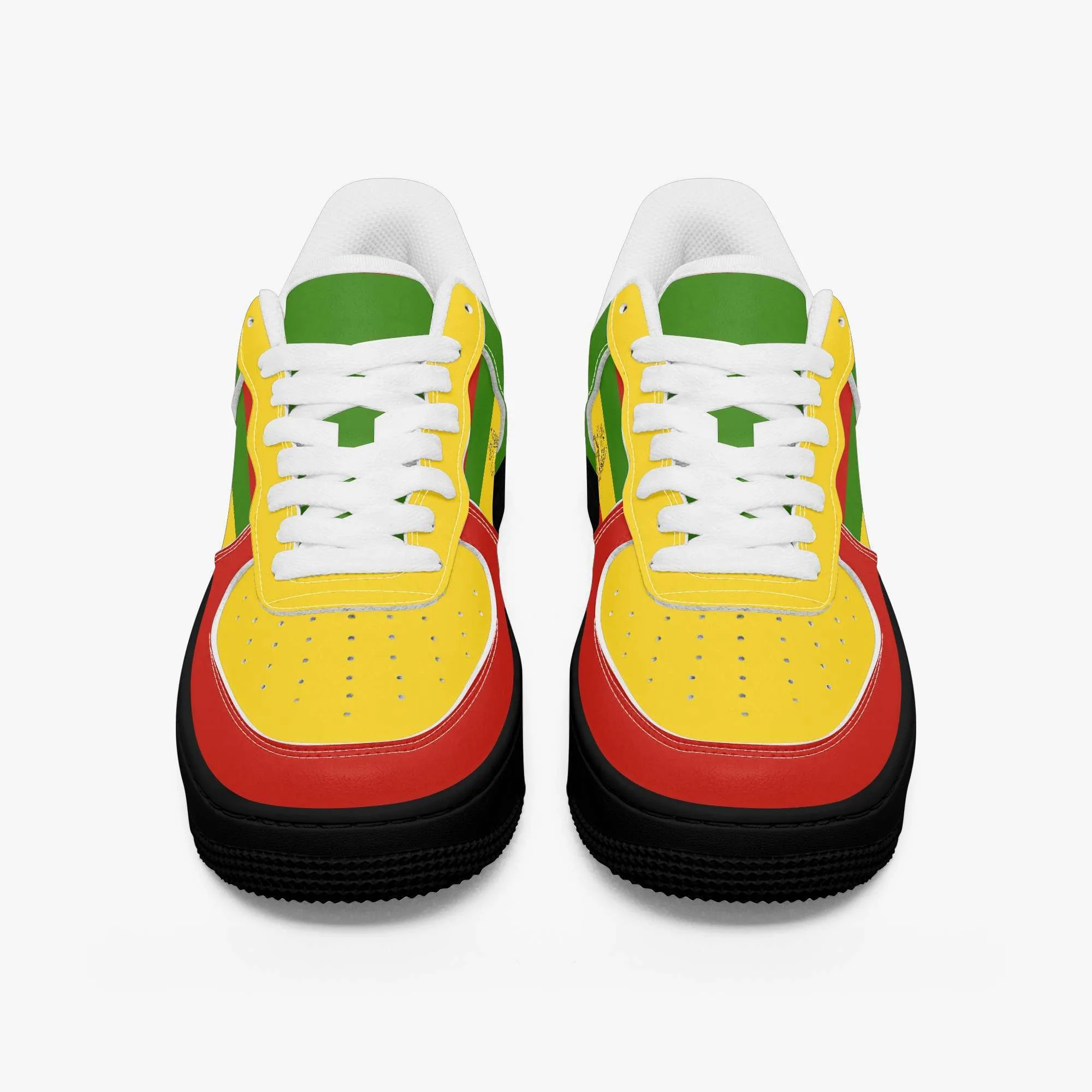 Rastafarian shoes in red gold and green. Sneakers with thick black sole pair front view white trim. Durable and colorful. Rastaseed Brand of merchandise and clothing.