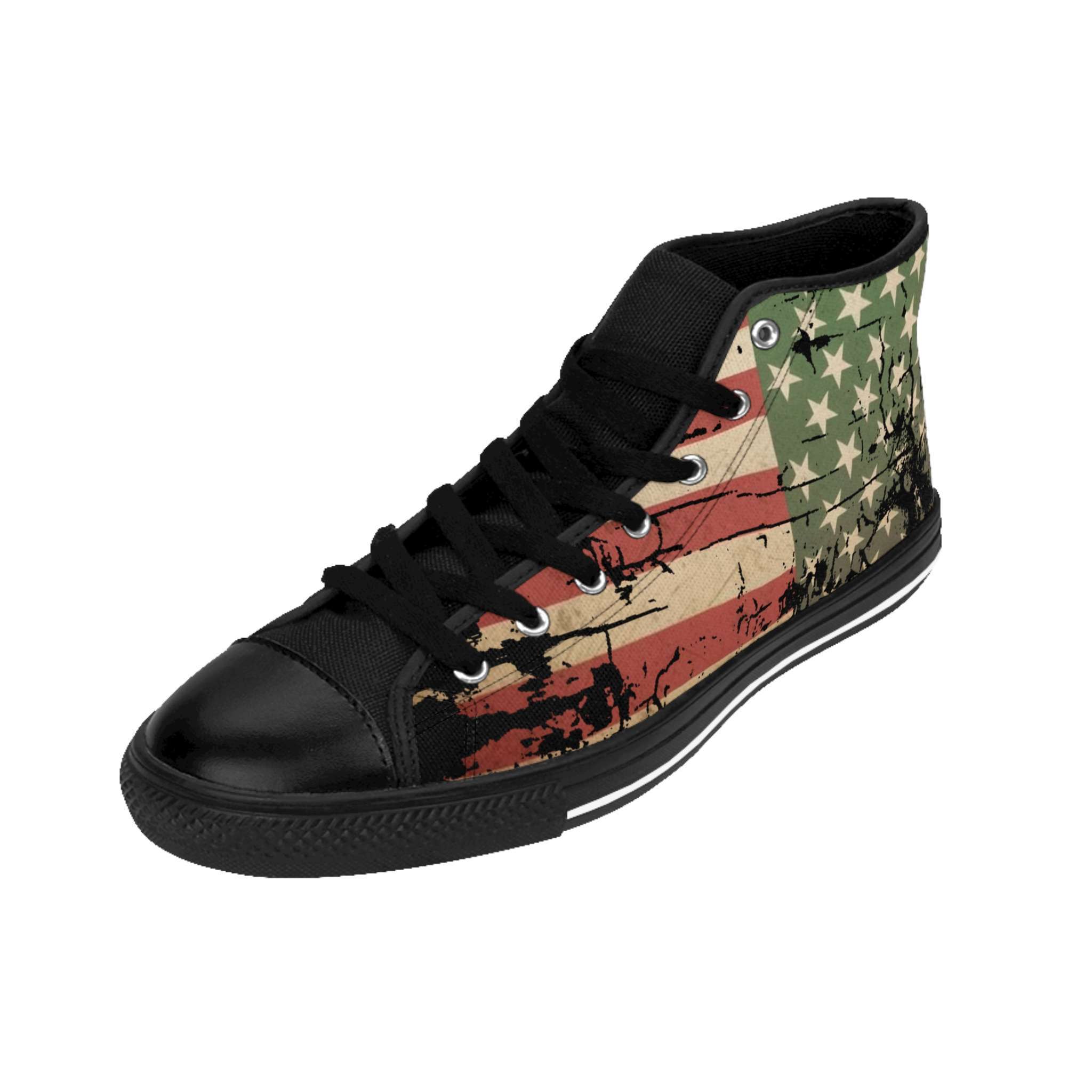 Jamaican African American Sneakers in a distressed design left shoe view. Rastaseed Jamaican, Pan African, African American and Rastafarian reggae merchandise.