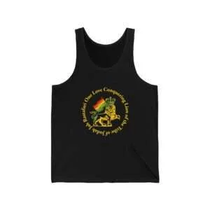 Reggae Tank Top Black front with conquering Lion of Judah Design in the Rasta Colors. Available in Black or White Design in many sizes.