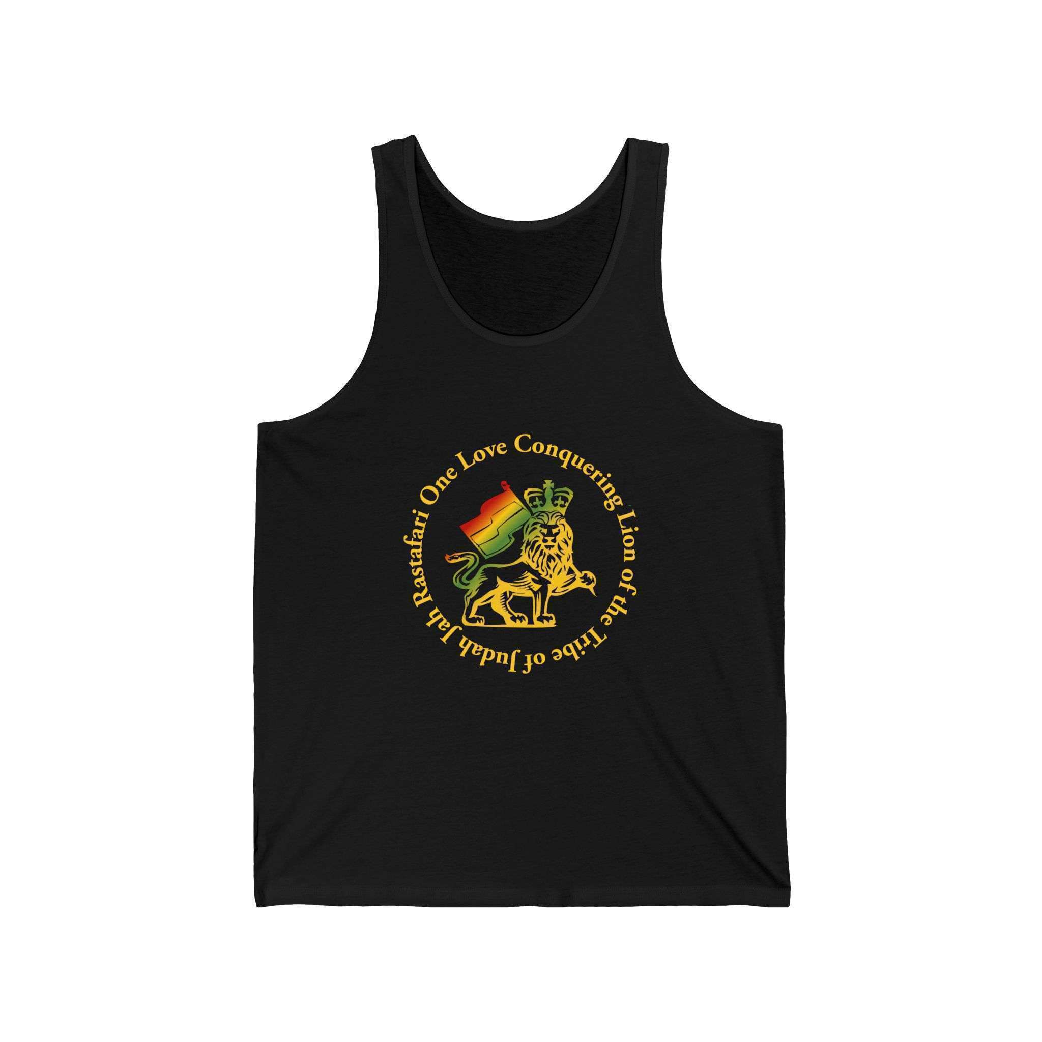 Reggae Tank Top Black front with conquering Lion of Judah Design in the Rasta Colors. Available in Black or White Design in many sizes.