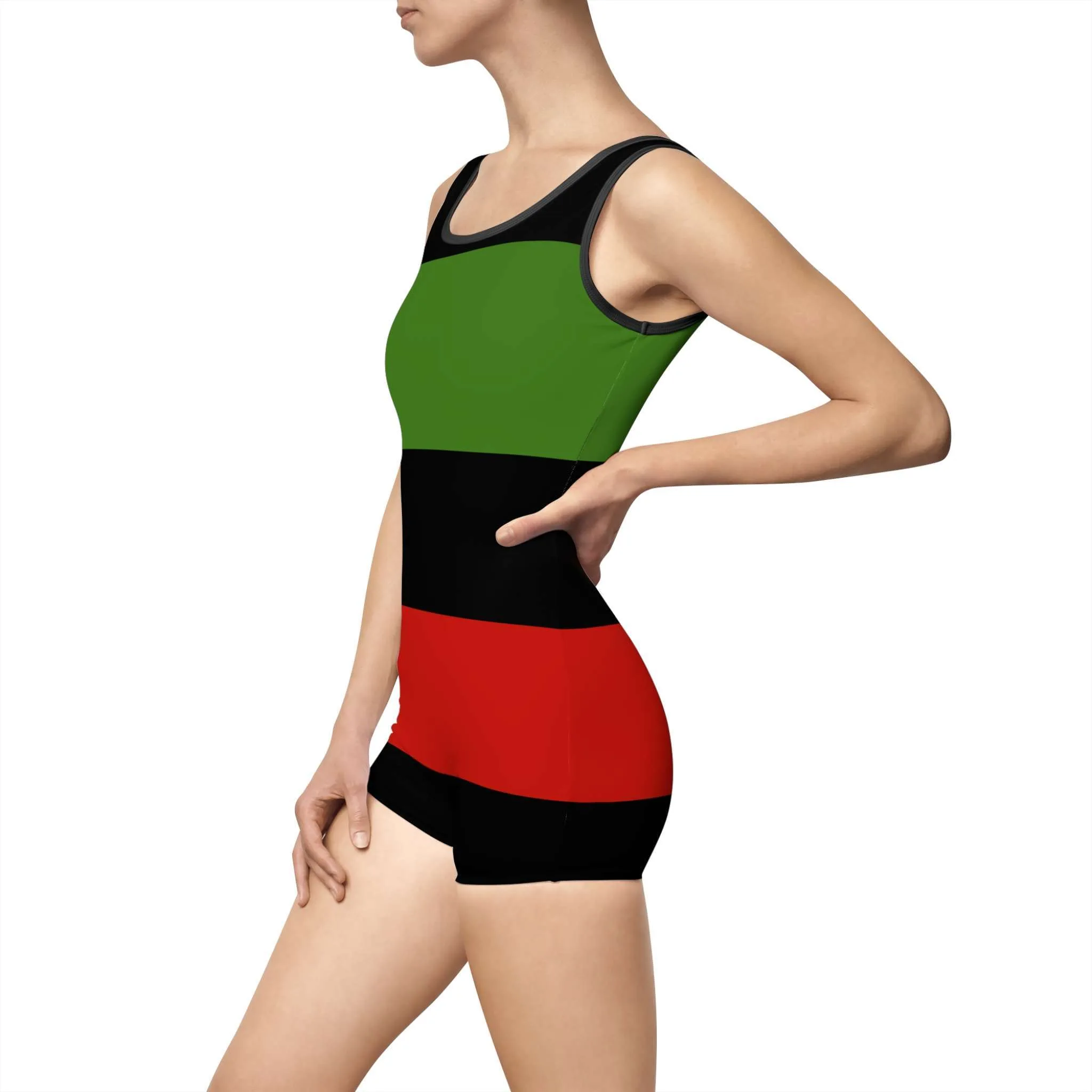 Black owned swimsuit vintage style left side view. Pan African American colors. One piece shorty style in small to extra large sizes. Rastaseed original merchandise.