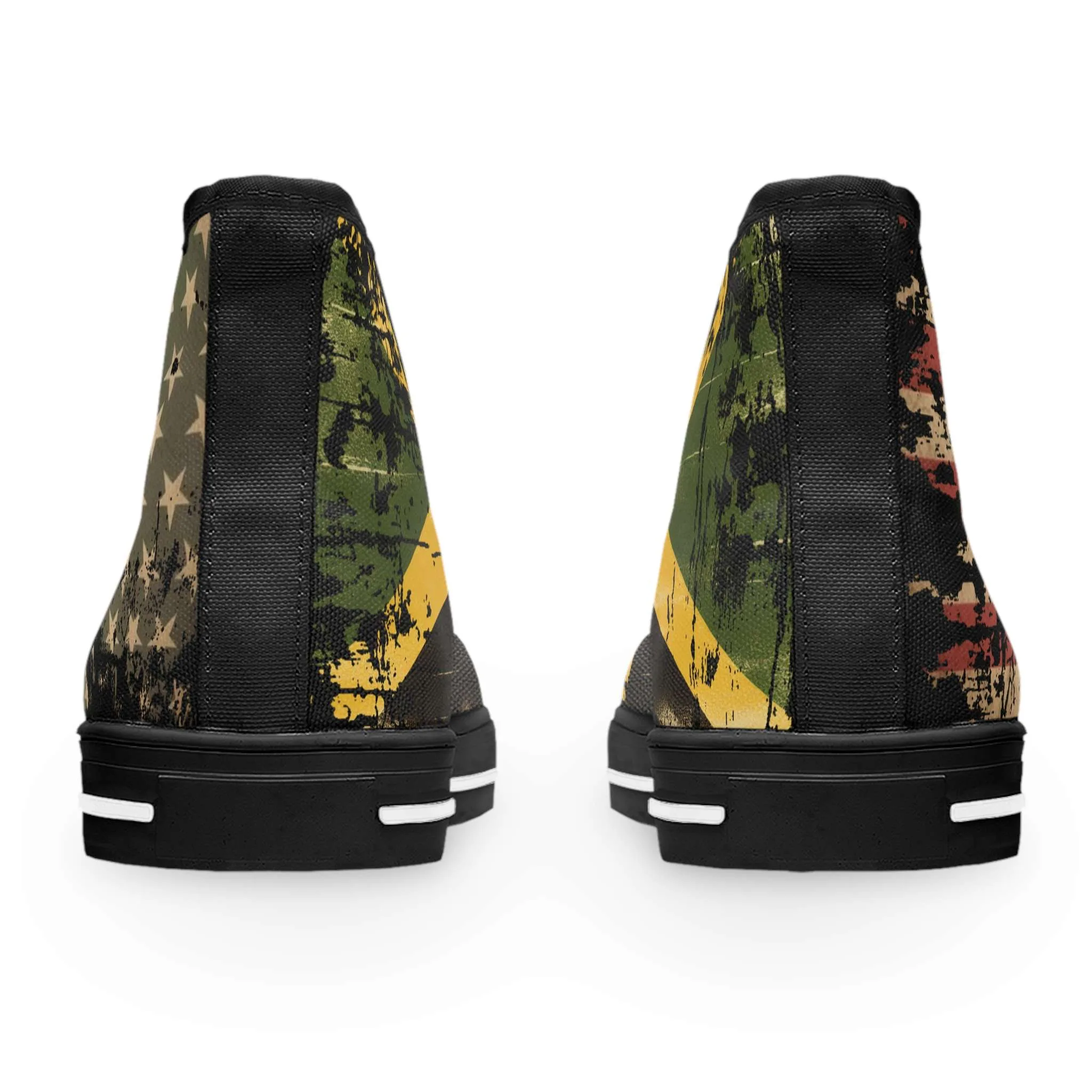 Jamaican African American Womens Sneakers in distressed design black back view from Rastaseed. Jamaican, African American Rasta Reggae merchandise.