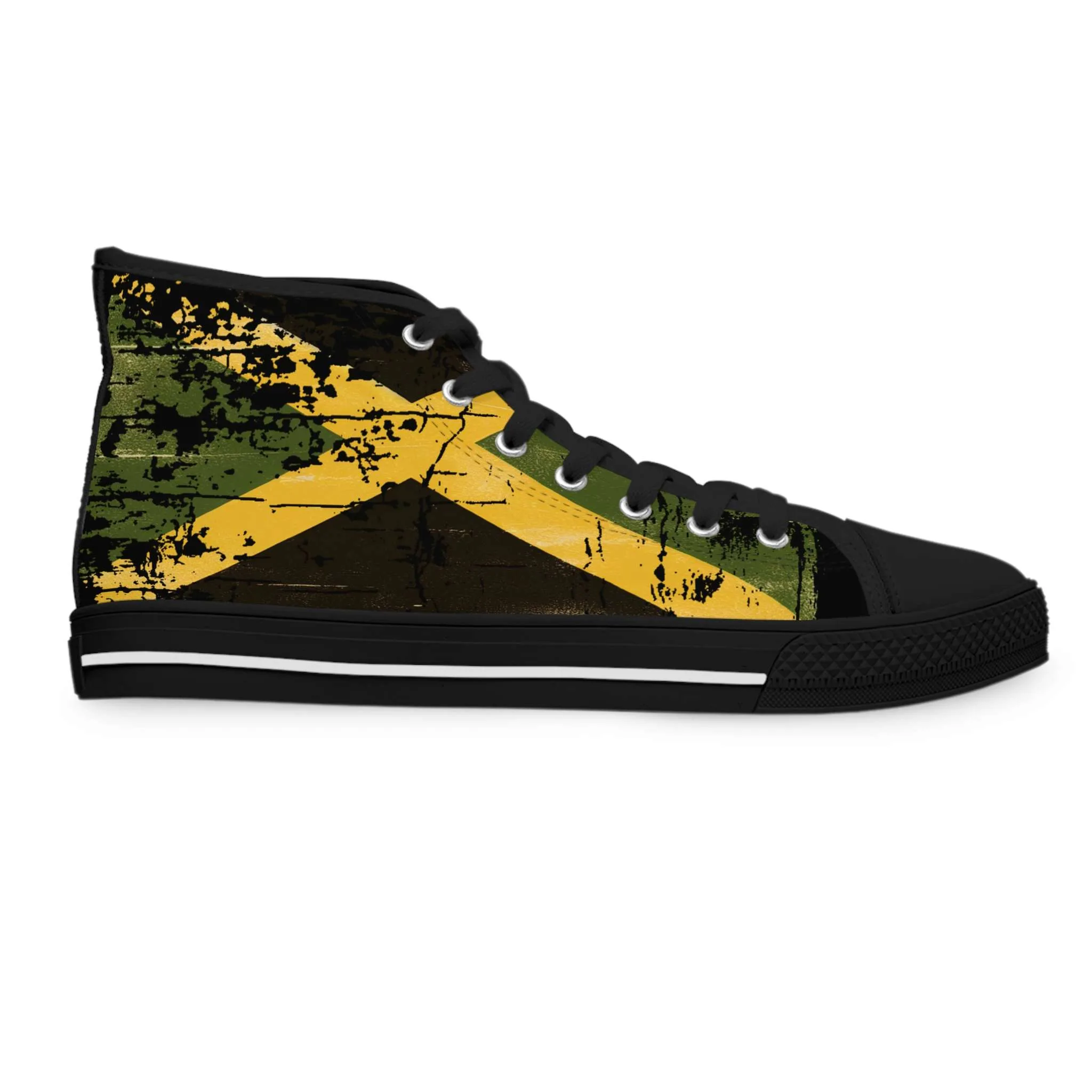 Jamaican African American Womens Sneakers in distressed design black left inside viewfrom Rastaseed. Jamaican, African American Rasta Reggae merchandise.