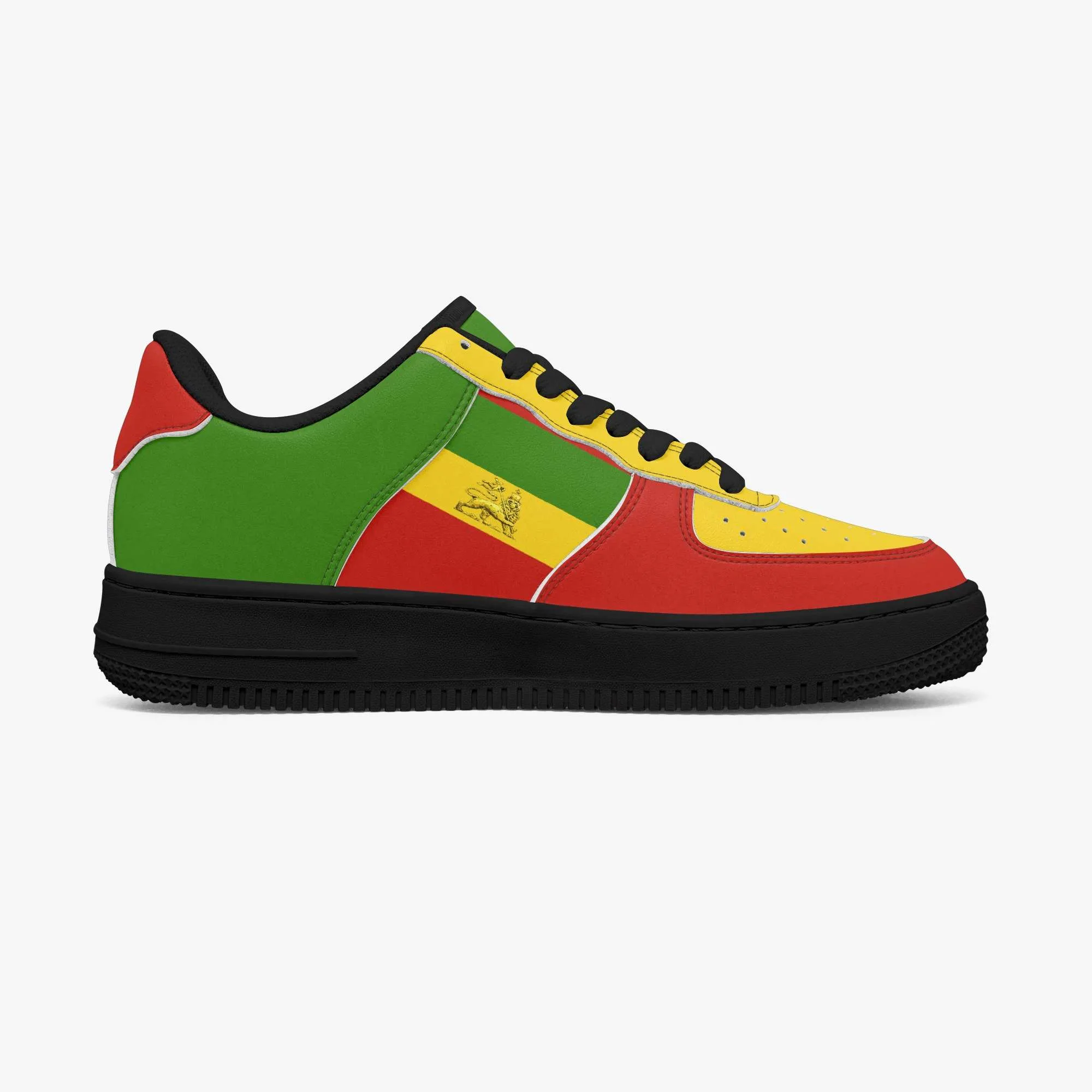 Rastafarian shoes in red gold and green. Sneakers with thick black sole inside view black trim. Durable and colorful. Rastaseed Brand of merchandise and clothing.