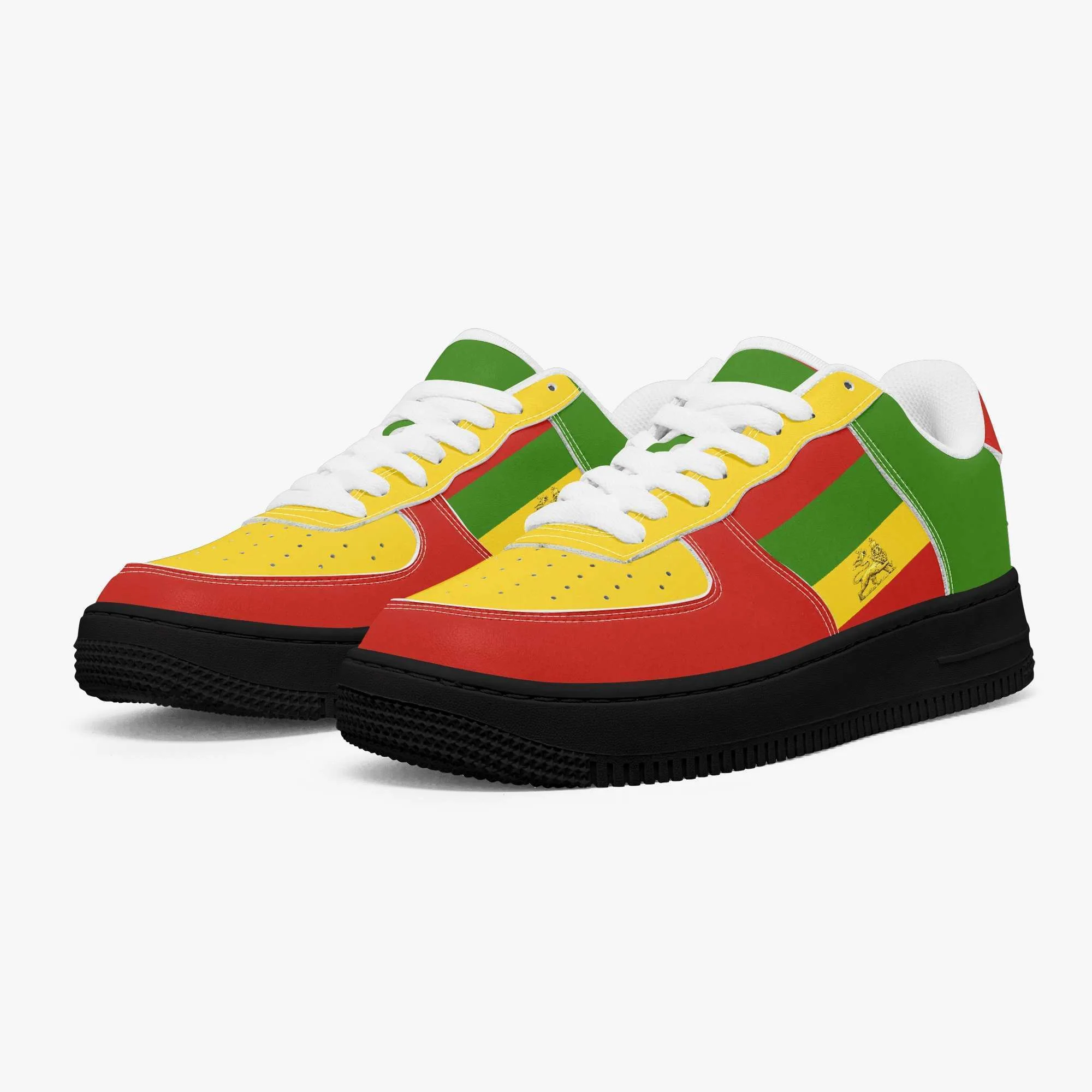 Rastafarian shoes in red gold and green. Sneakers with thick black sole white trim. Durable and colorful. Rastaseed Brand of merchandise and clothing.