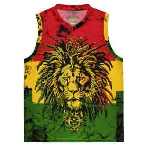 Rasta basketball jersey front view in red gold green with Lion of Judah. Rastaseed original merchandise and clothing. Go Rasta Vechta.
