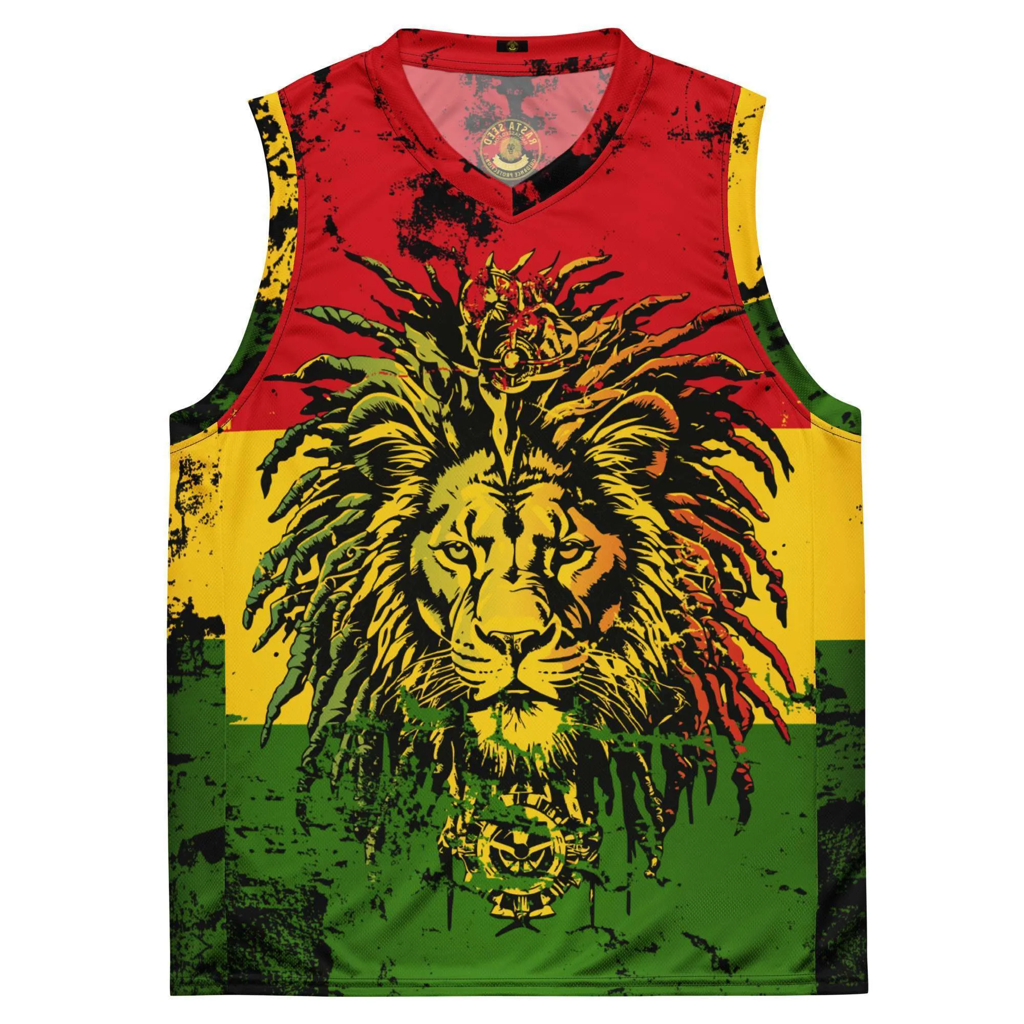 Rasta basketball jersey front view in red gold green with Lion of Judah. Rastaseed original merchandise and clothing. Go Rasta Vechta.