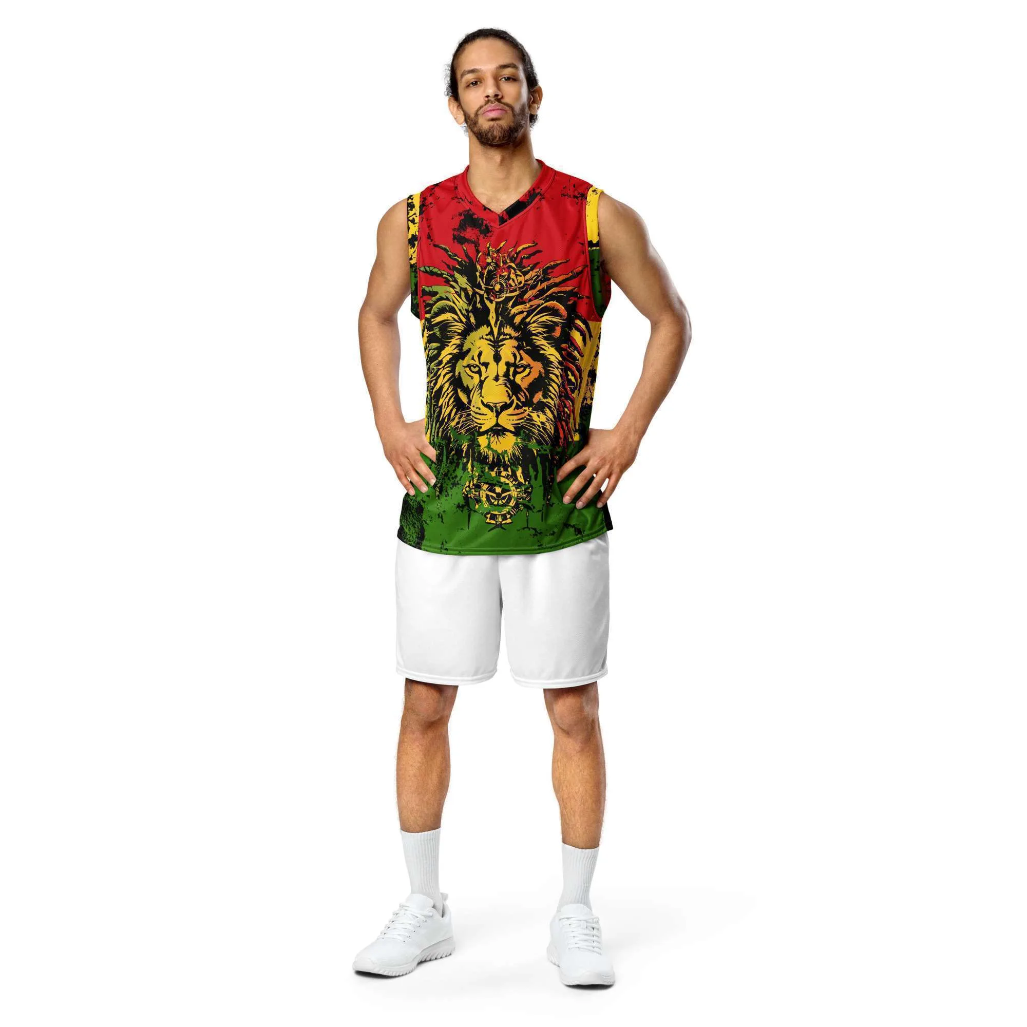 Rasta basketball jersey in red gold green with Lion of Judah.front male model view Rastaseed original merchandise and clothing. Go Rasta Vechta.