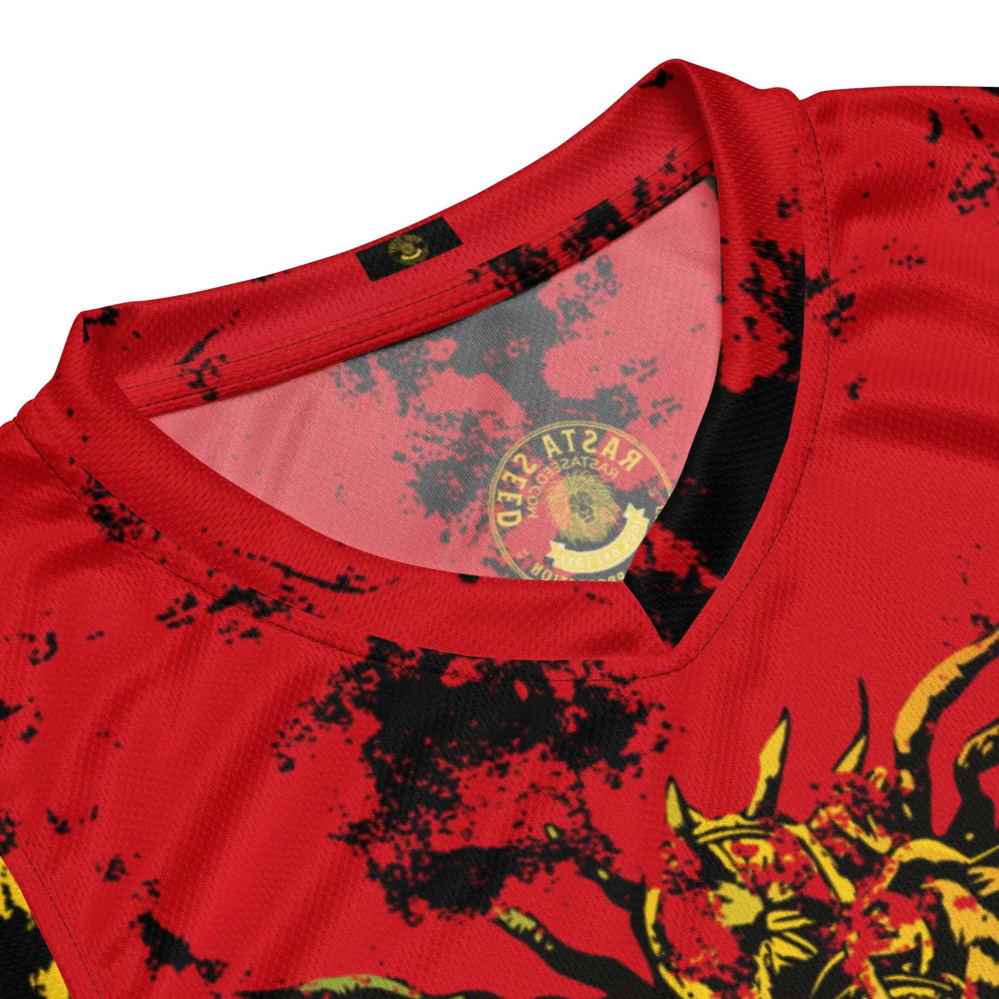Rasta basketball jersey in red gold green with Lion of Judah.front brand label view Rastaseed original merchandise and clothing. Go Rasta Vechta.
