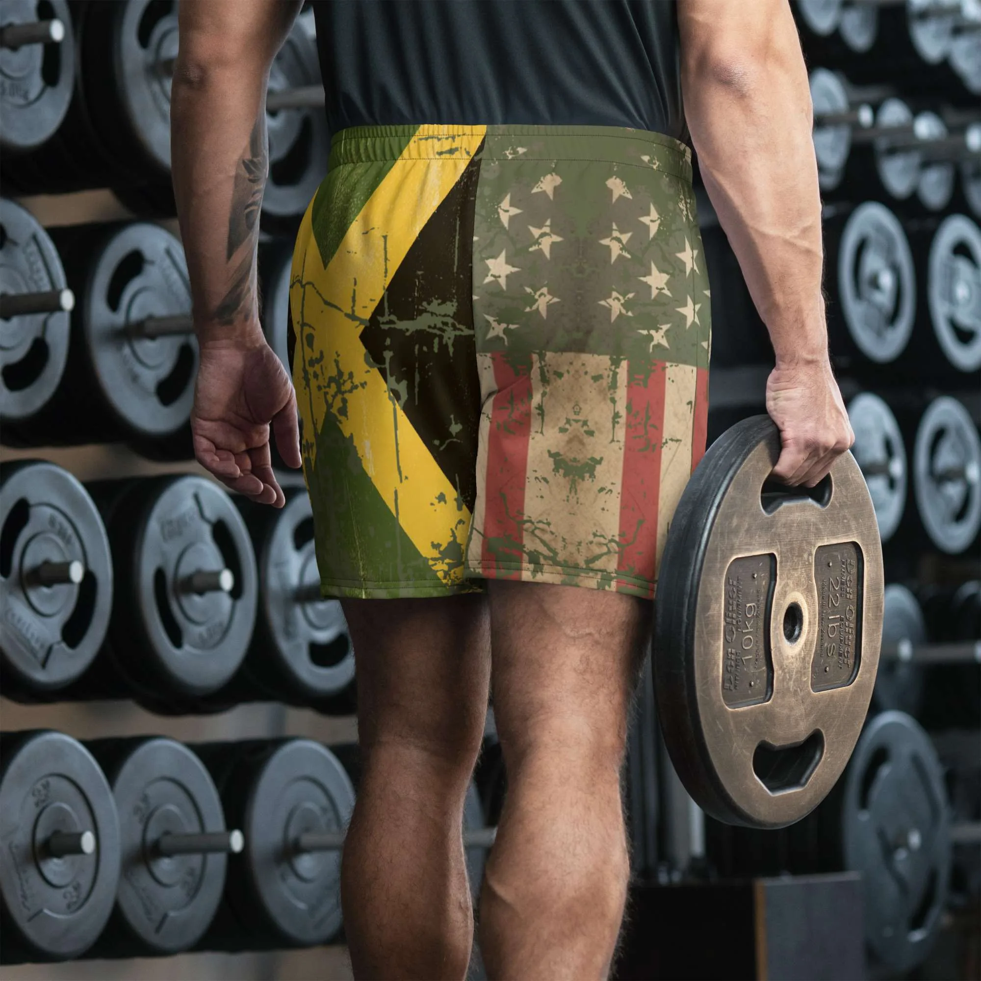 Jamaican Swim Trunks model back viewwith Afro American Flag and Jamaican Flag. Retro Grungy style at Rastaseed Rastafarian Merchandise and Clothing Store.