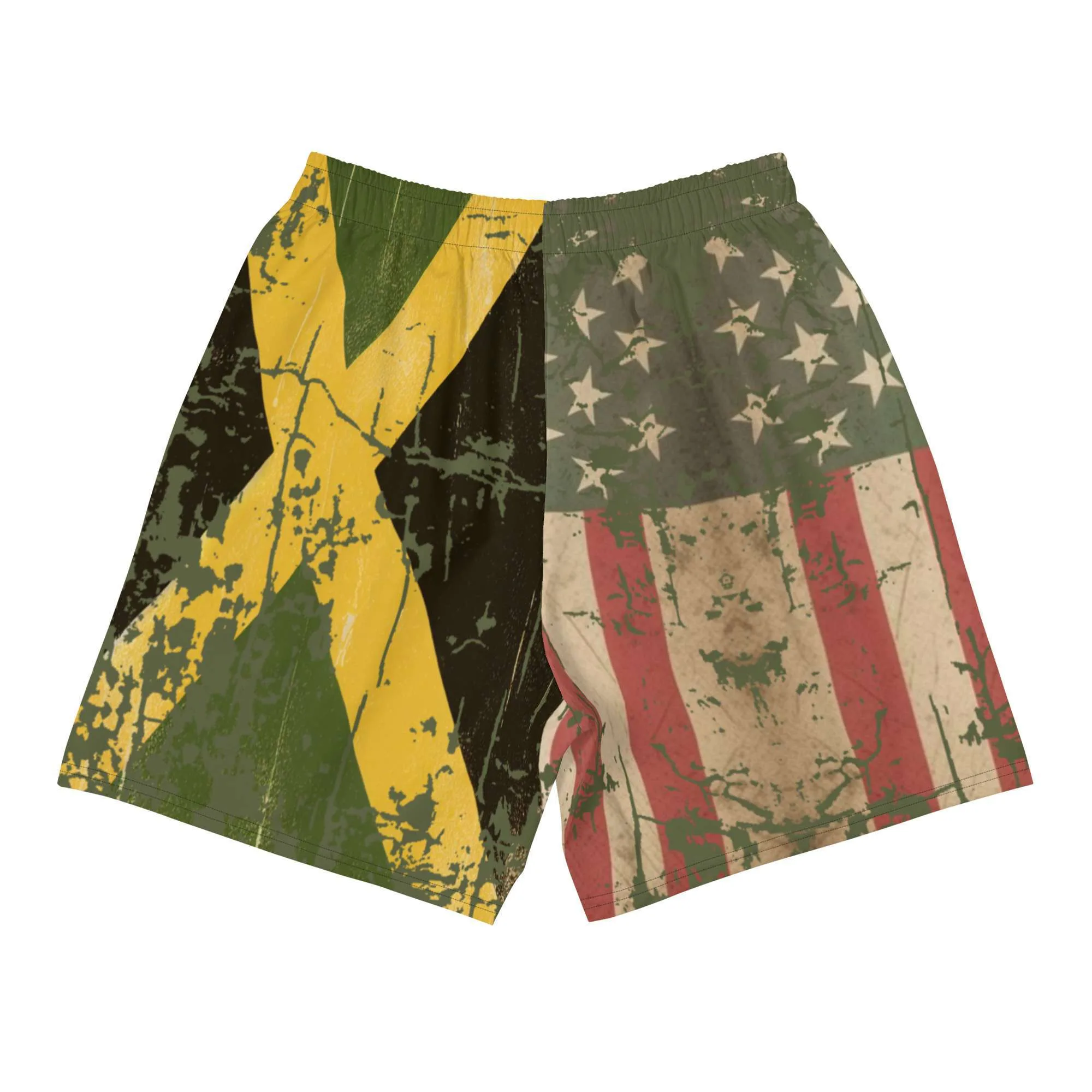 Jamaican Swim Trunks back view with Afro American Flag and Jamaican Flag. Retro Grungy style at Rastaseed Rastafarian Merchandise and Clothing Store.