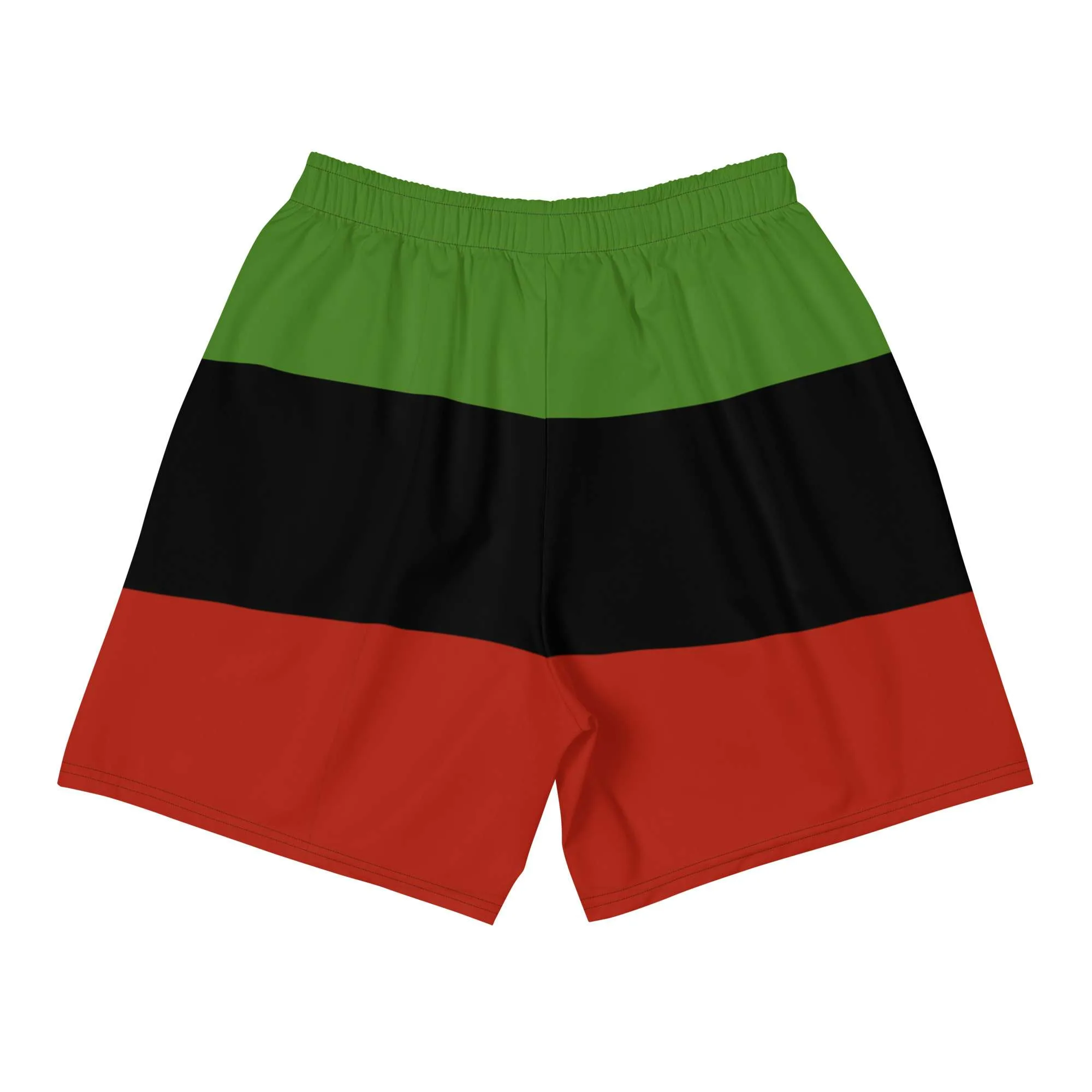 African American Shorts back view in the Pan African colors. Great for outside exercise or a gym workout. Summer vacation in the West Indies.