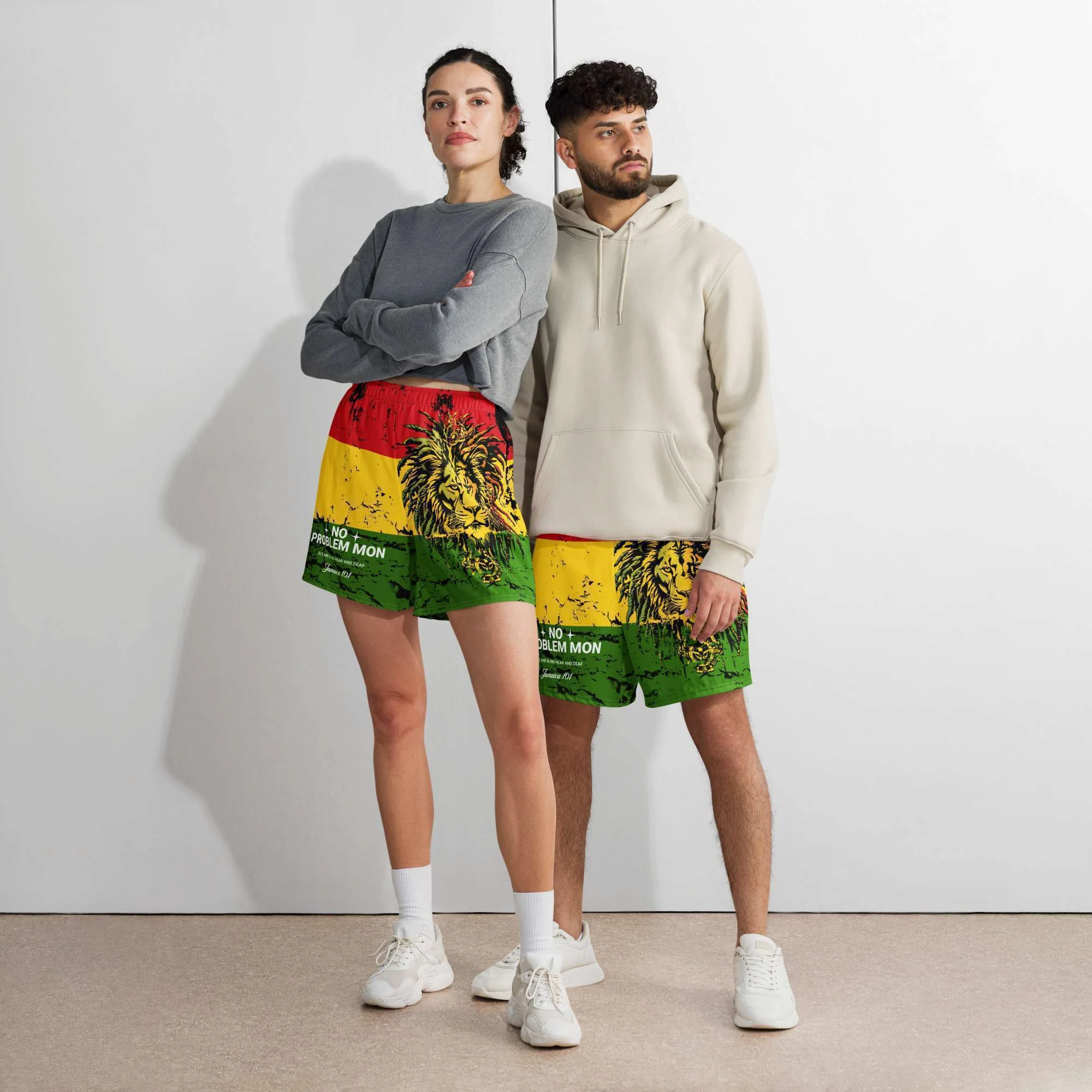 Jamaican shorts in the red gold and green with Lion and No Problem Mon male female model view. Small to large sizes in a unisex design. Rastaseed original merchandise.