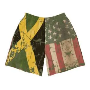 Jamaican Swim Trunks with Afro American Flag and Jamaican Flag. Retro Grungy style at Rastaseed Rastafarian Merchandise and Clothing Store.