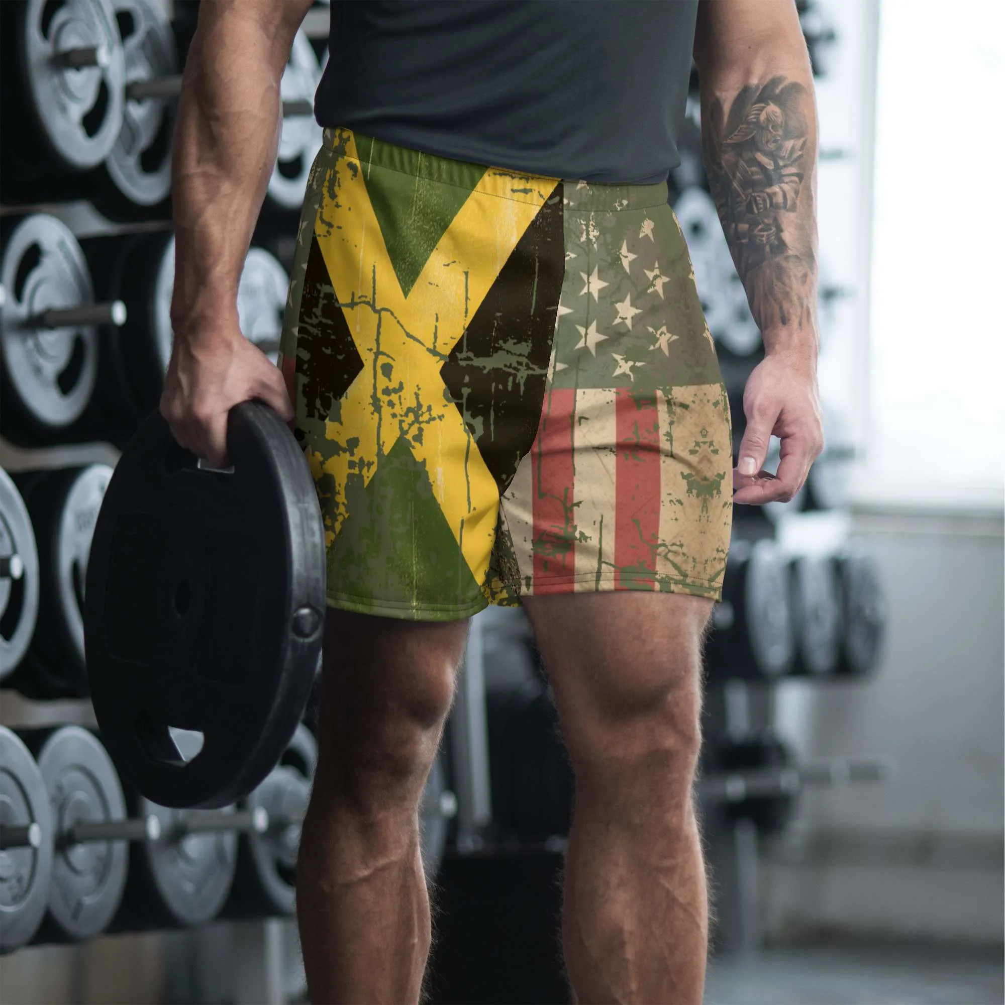 Jamaican Swim Trunks model front view with Afro American Flag and Jamaican Flag. Retro Grungy style at Rastaseed Rastafarian Merchandise and Clothing Store.