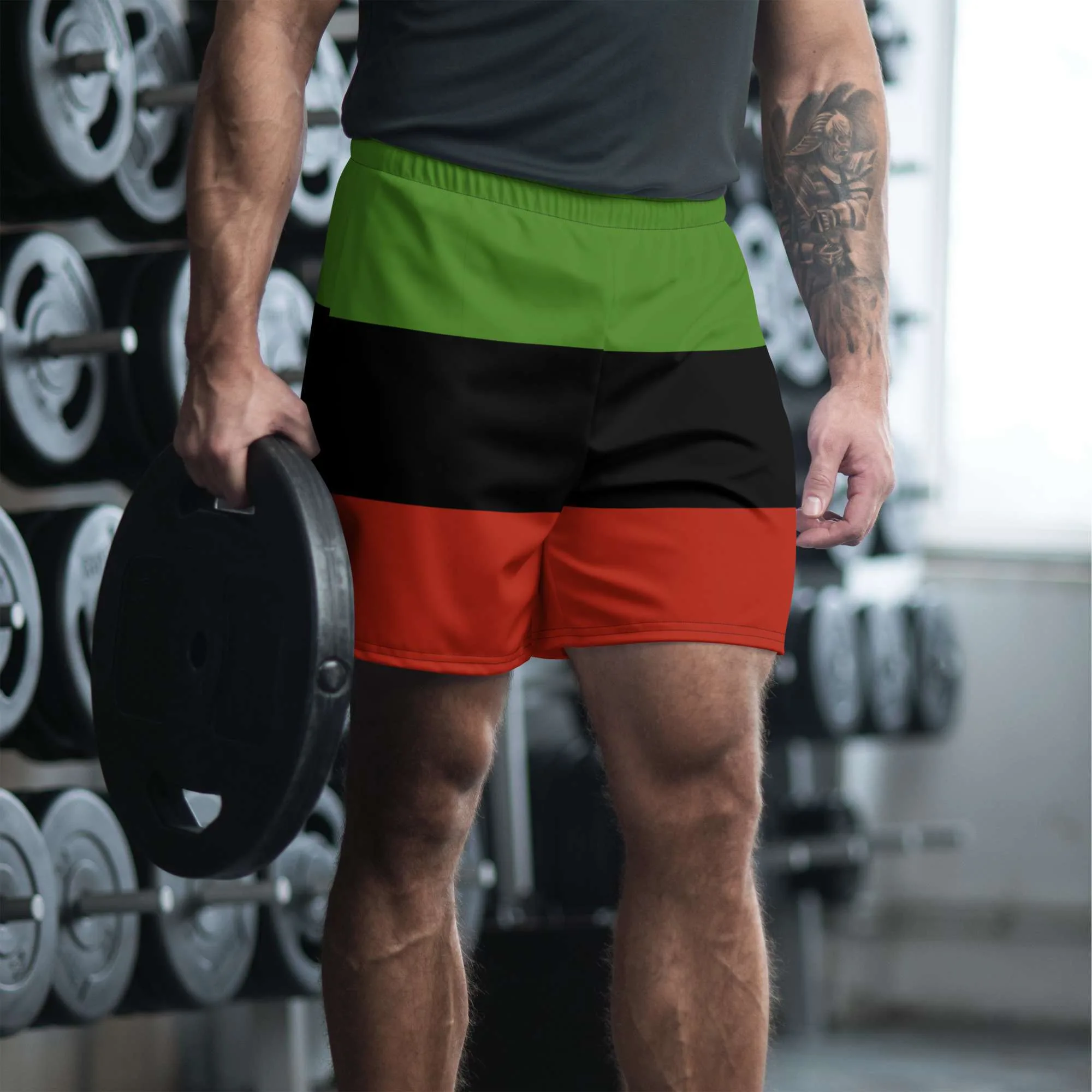 African American Shorts front model view in the Pan African colors. Great for outside exercise or a gym workout. Summer vacation in the West Indies.