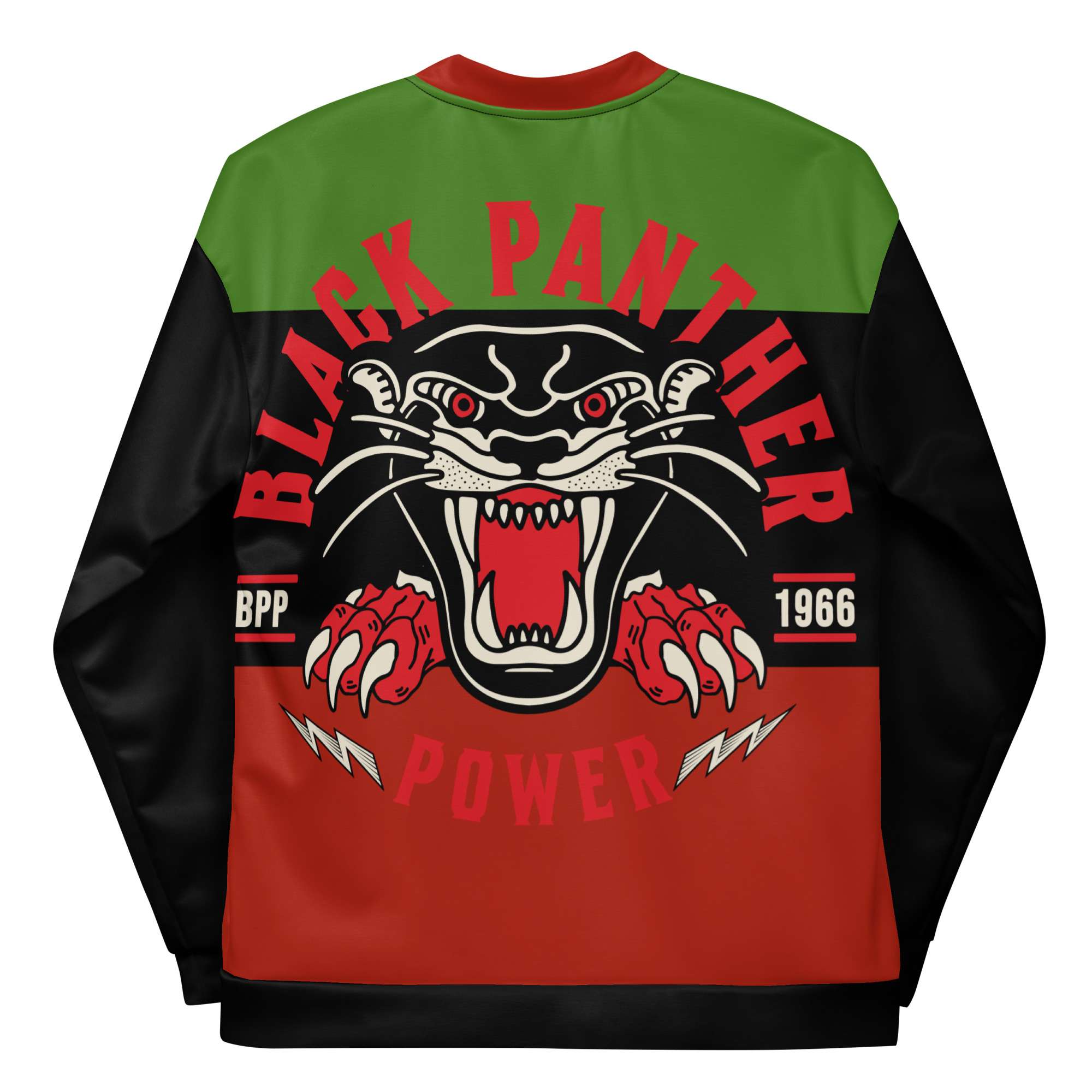 Black Panthers Jacket back view in Pan African colors. Black Panther motif on from and back. Great Jacket at Rastaseed Original Merchandise and Clothing.