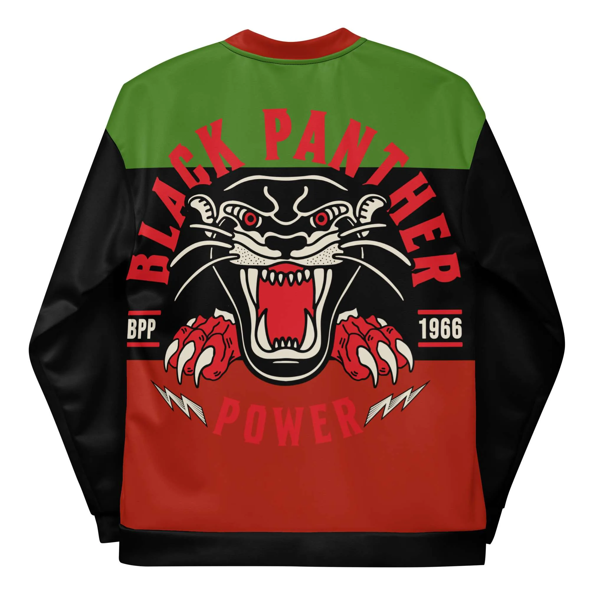 Black Panthers Jacket back view in Pan African colors. Black Panther motif on from and back. Great Jacket at Rastaseed Original Merchandise and Clothing.