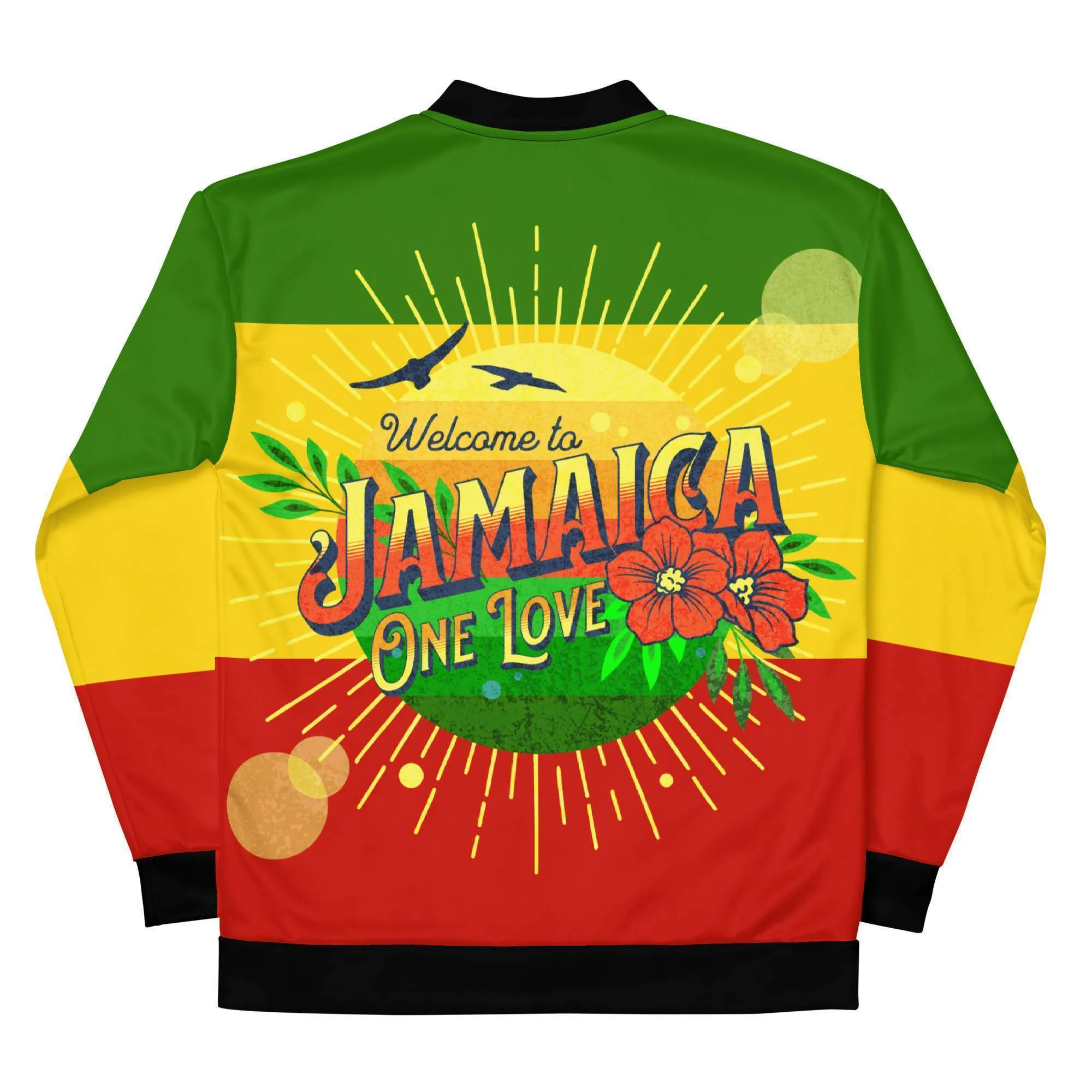 One Love Bomber Jacket backt view in Rasta Reggae colors. Original Jamaican and Rastafarian clothing and designs at Rastaseed.com merchandise and clothing.