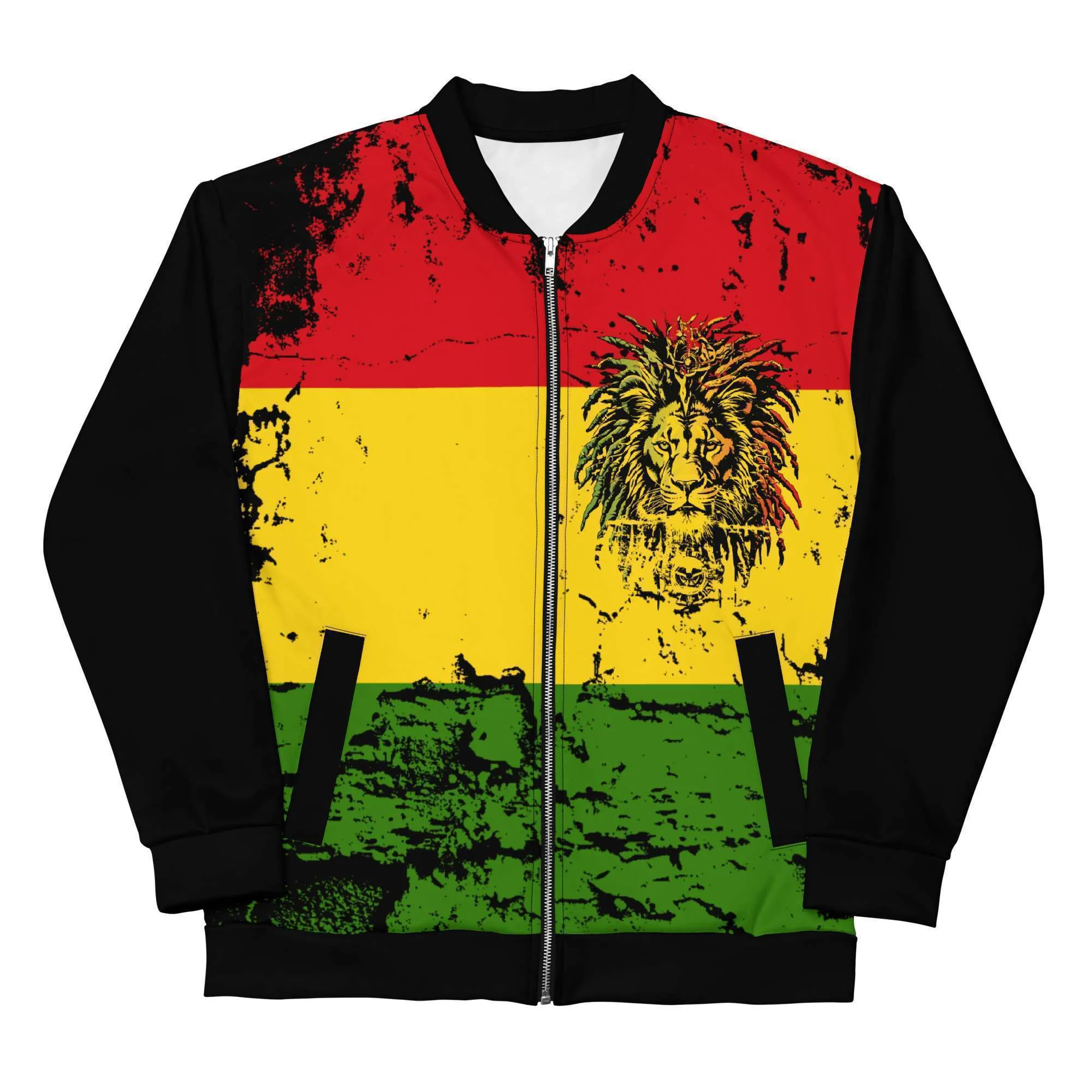 King Lion of Judah Rasta Bomber Jacket front view in Rasta colors with Lion of Judah on the back. Polyester, fleece inside and metal zip.