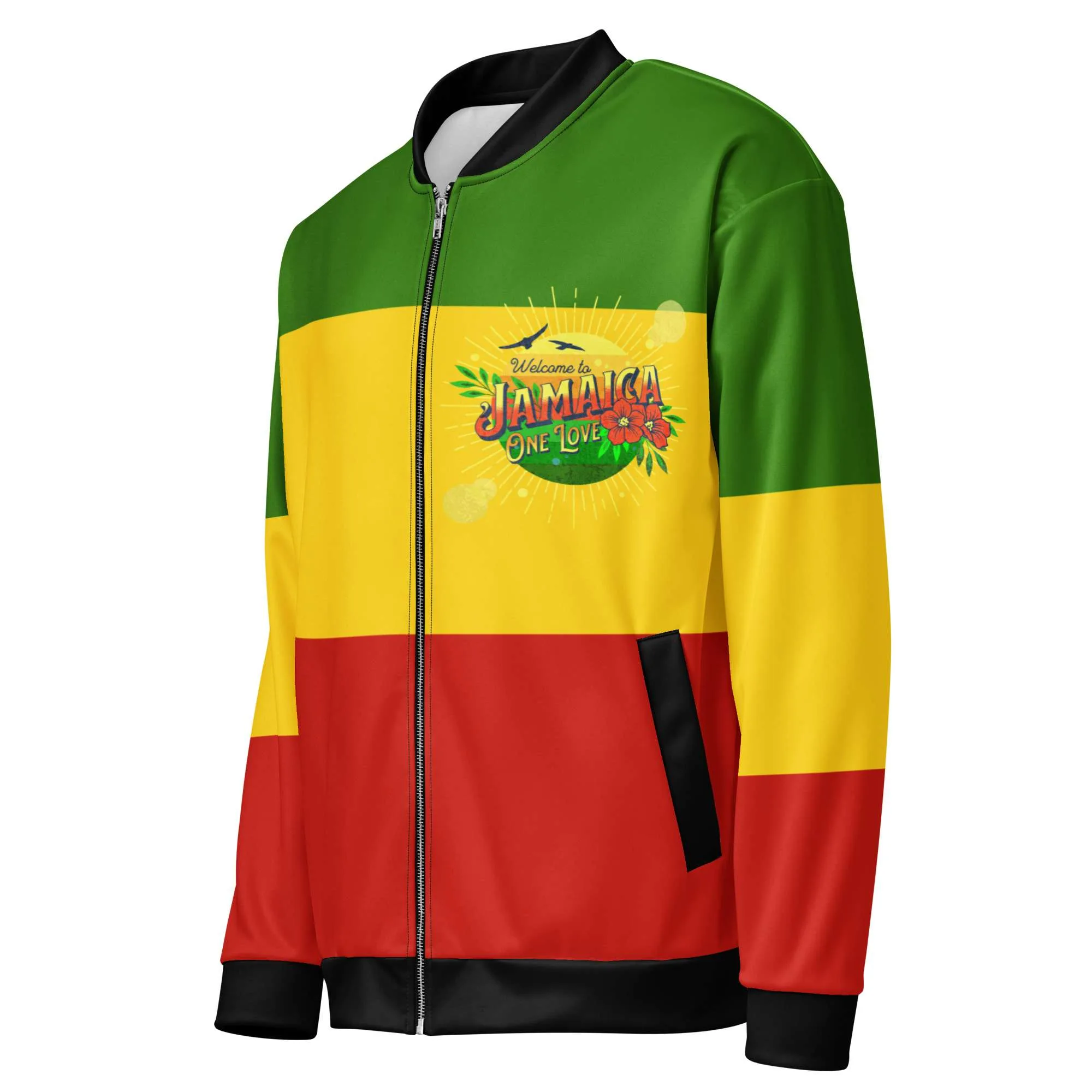 One Love Bomber Jacket side front view in Rasta Reggae colors. Original Jamaican and Rastafarian clothing and designs at Rastaseed.com merchandise and clothing.