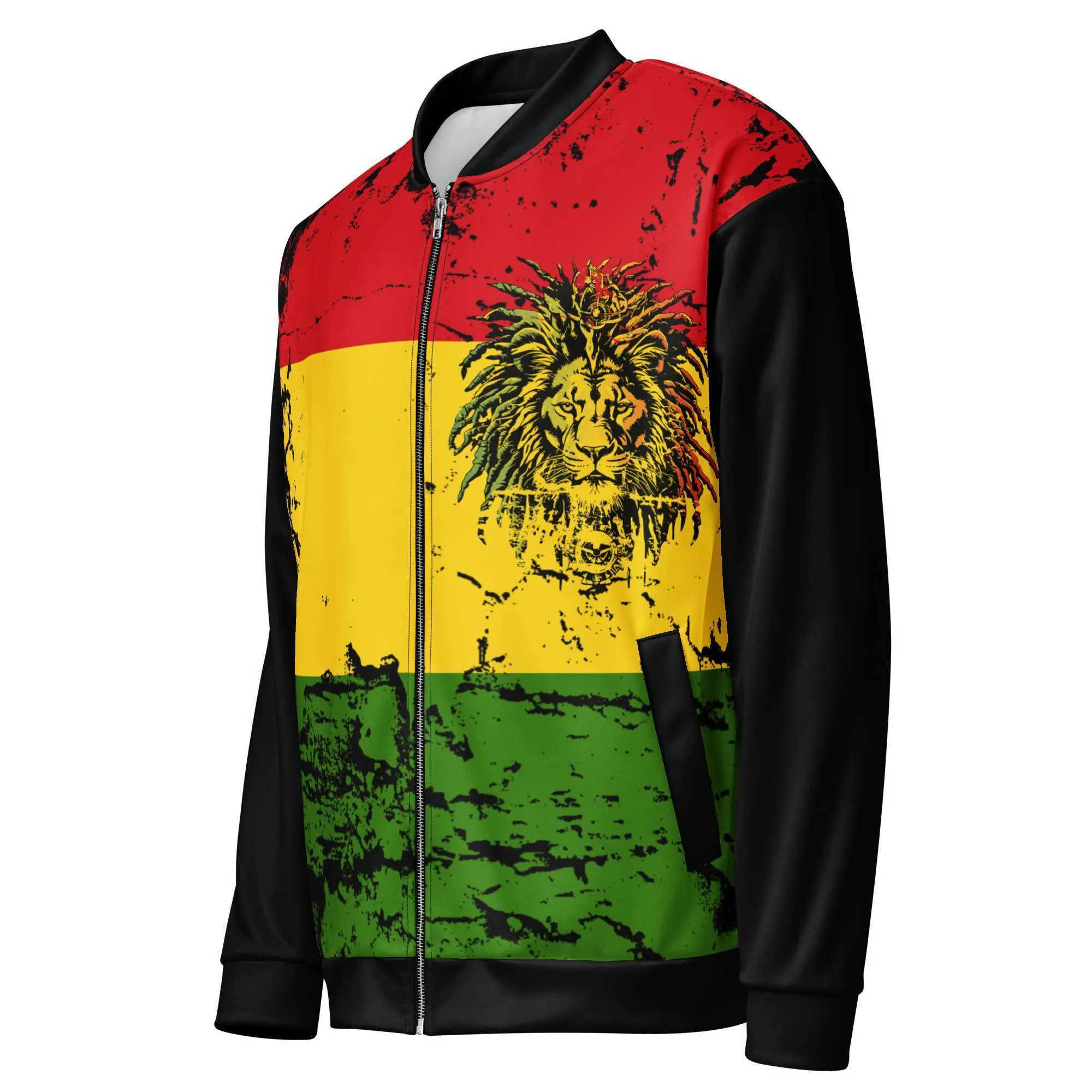 King Lion of Judah Rasta Bomber Jacket in Rasta colors front side view with Lion of Judah on the back. Polyester, fleece inside and metal zip.