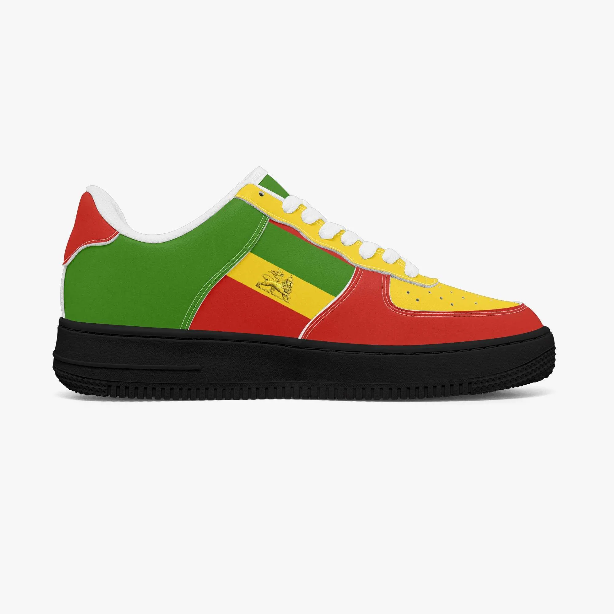 Rastafarian shoes in red gold and green. Sneakers with thick black sole inside view white trim. Durable and colorful. Rastaseed Brand of merchandise and clothing.