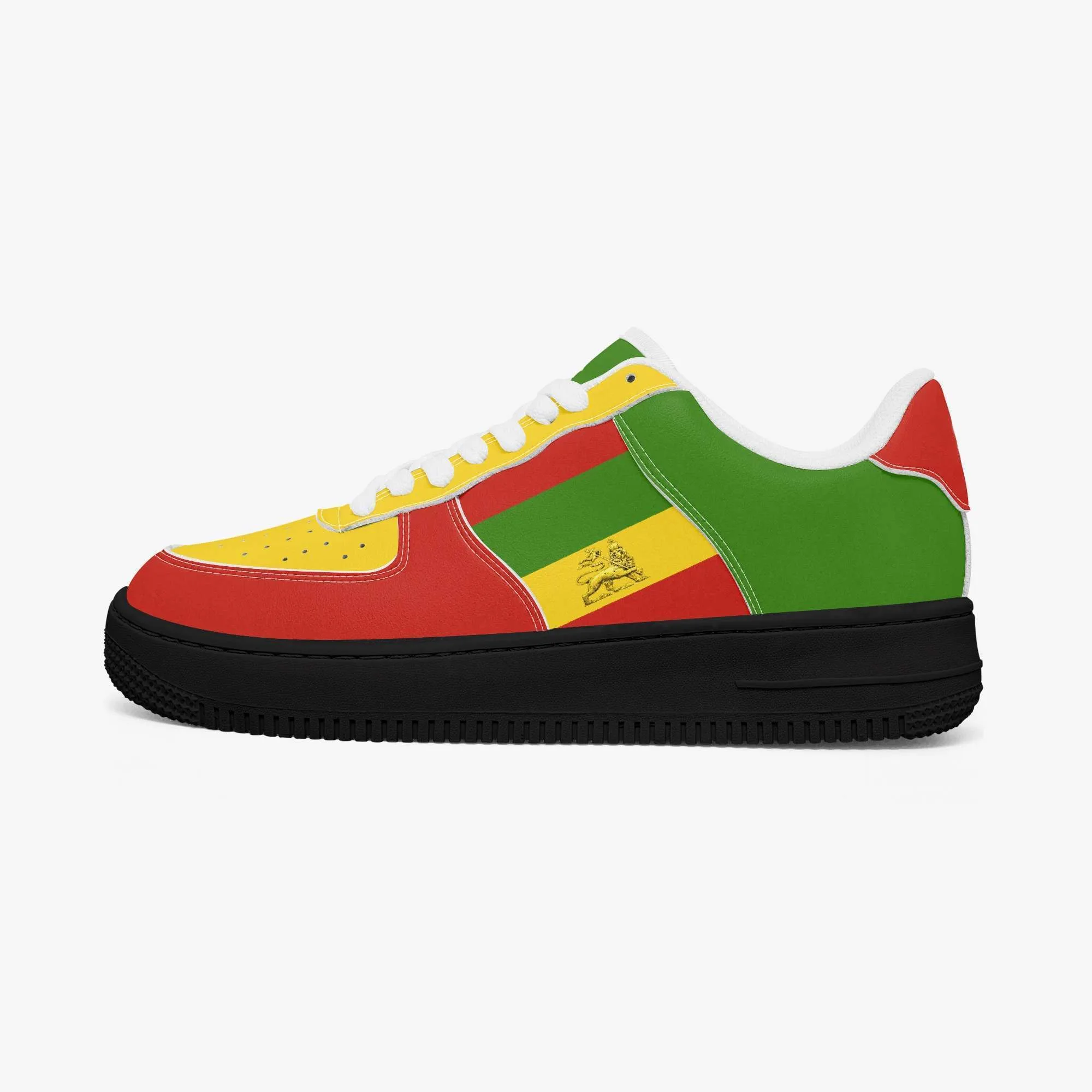Rastafarian shoes in red gold and green. Sneakers with thick black sole outside view white trim. Durable and colorful. Rastaseed Brand of merchandise and clothing.